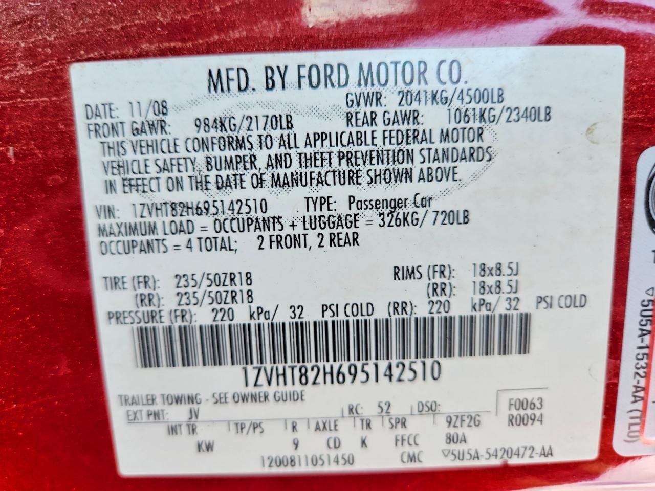 2009 Ford Mustang Gt Red vin: 1ZVHT82H695142510