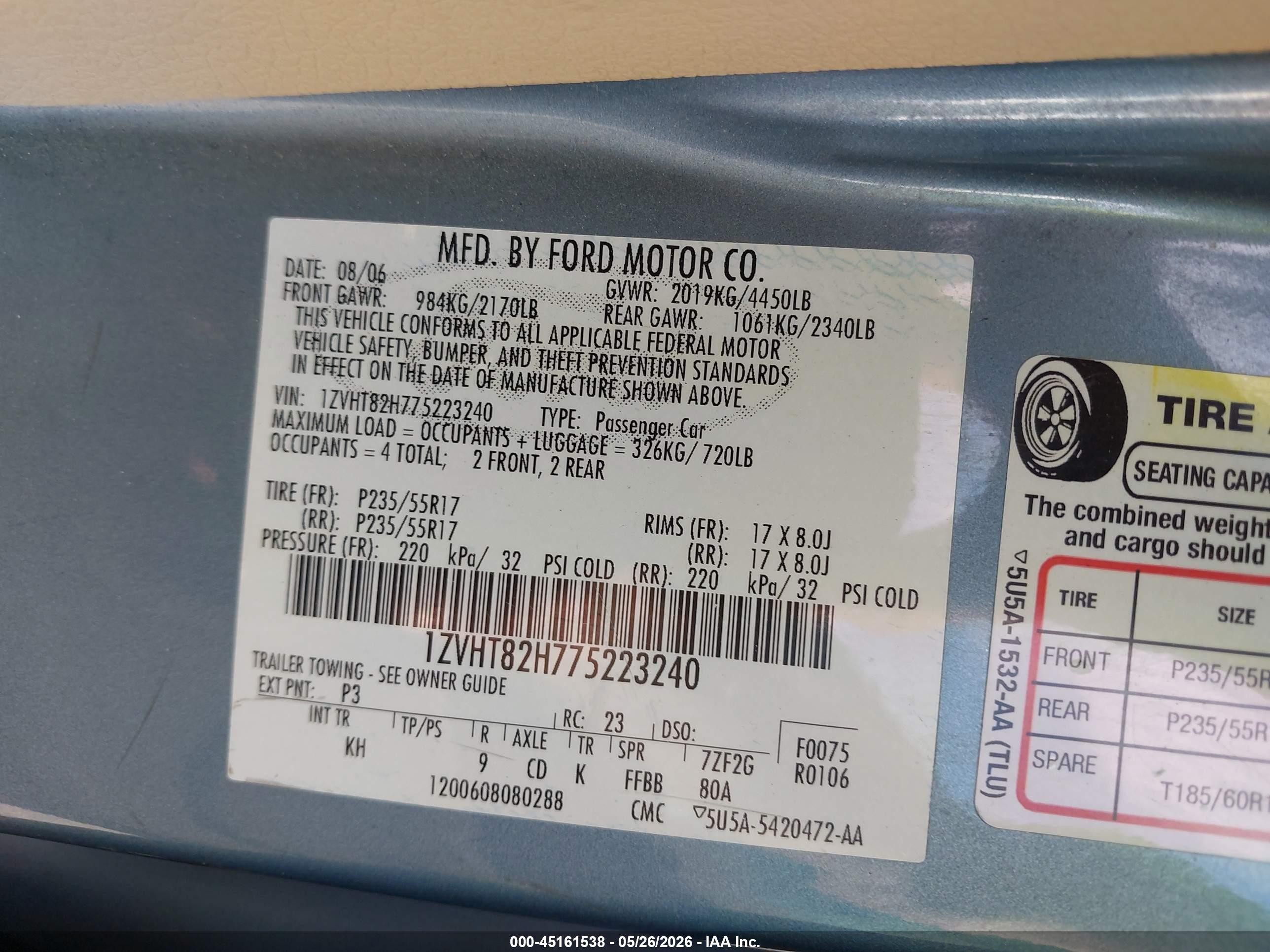 2007 Ford Mustang Gt Deluxe/gt Premium Blue vin: 1ZVHT82H775223240