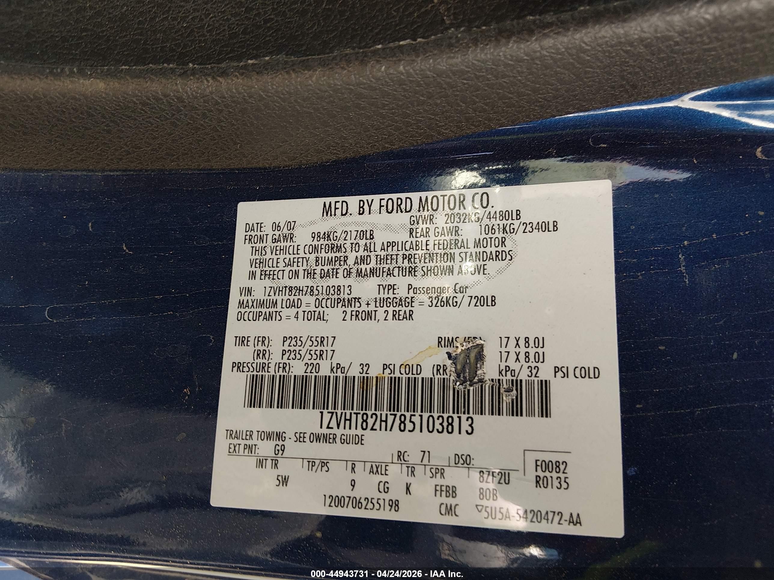 2008 Ford Mustang Gt Deluxe/gt Premium Blue vin: 1ZVHT82H785103813
