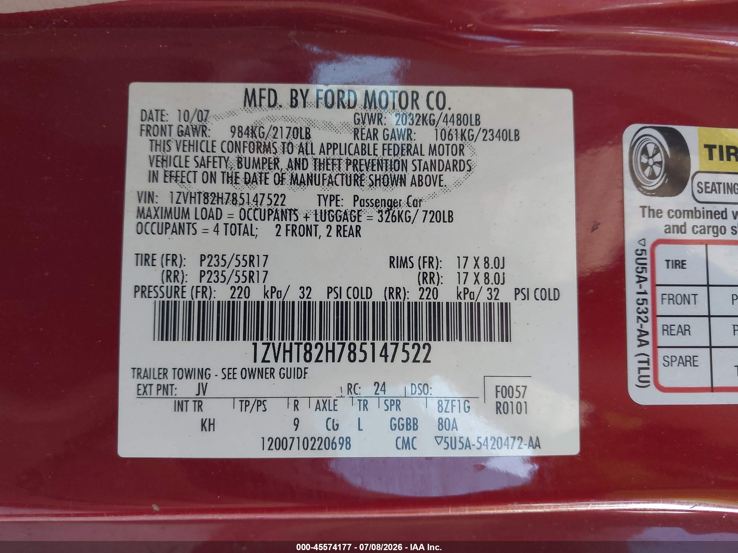 2008 Ford Mustang Gt Deluxe/gt Premium Red vin: 1ZVHT82H785147522