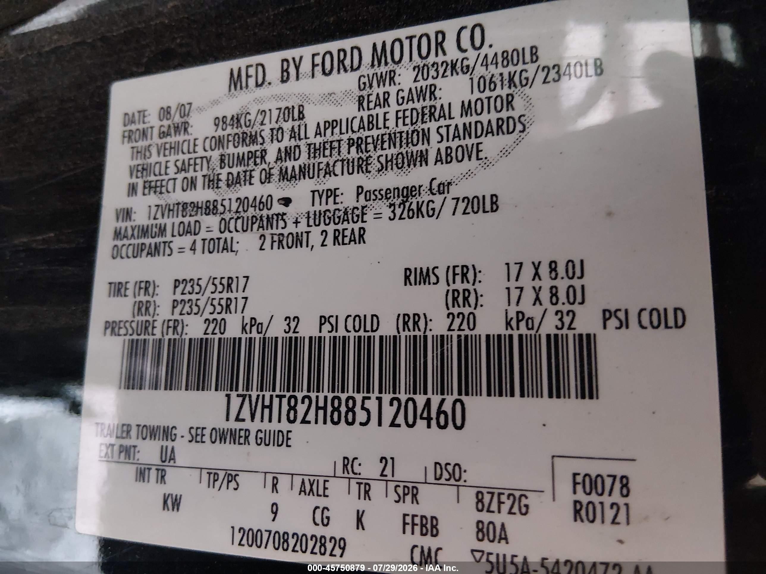 2008 Ford Mustang   Black vin: 1ZVHT82H885120460