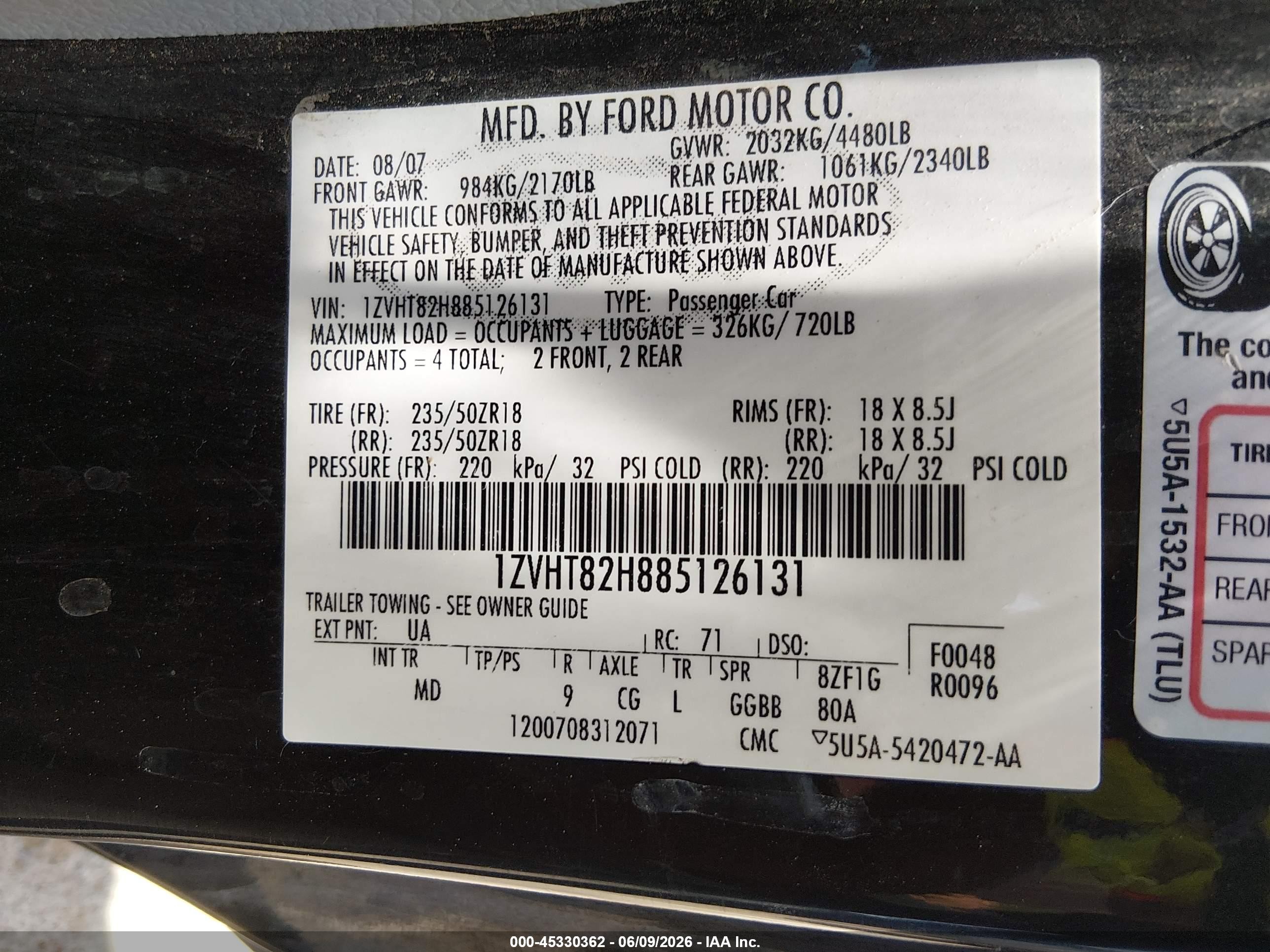 2008 Ford Mustang Gt Premium Black vin: 1ZVHT82H885126131