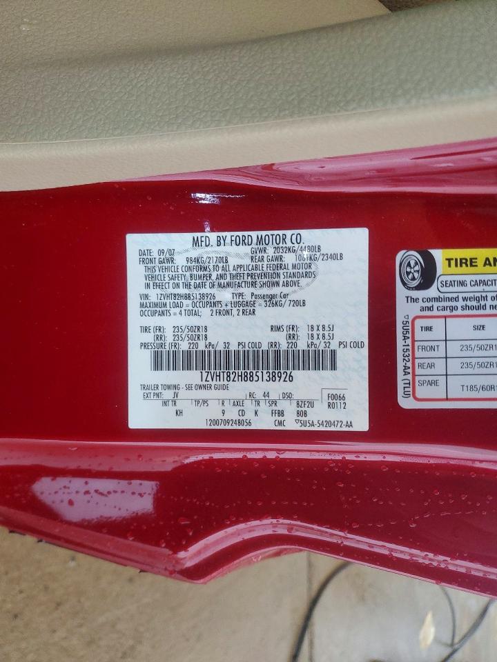 2008 Ford Mustang Gt Red vin: 1ZVHT82H885138926