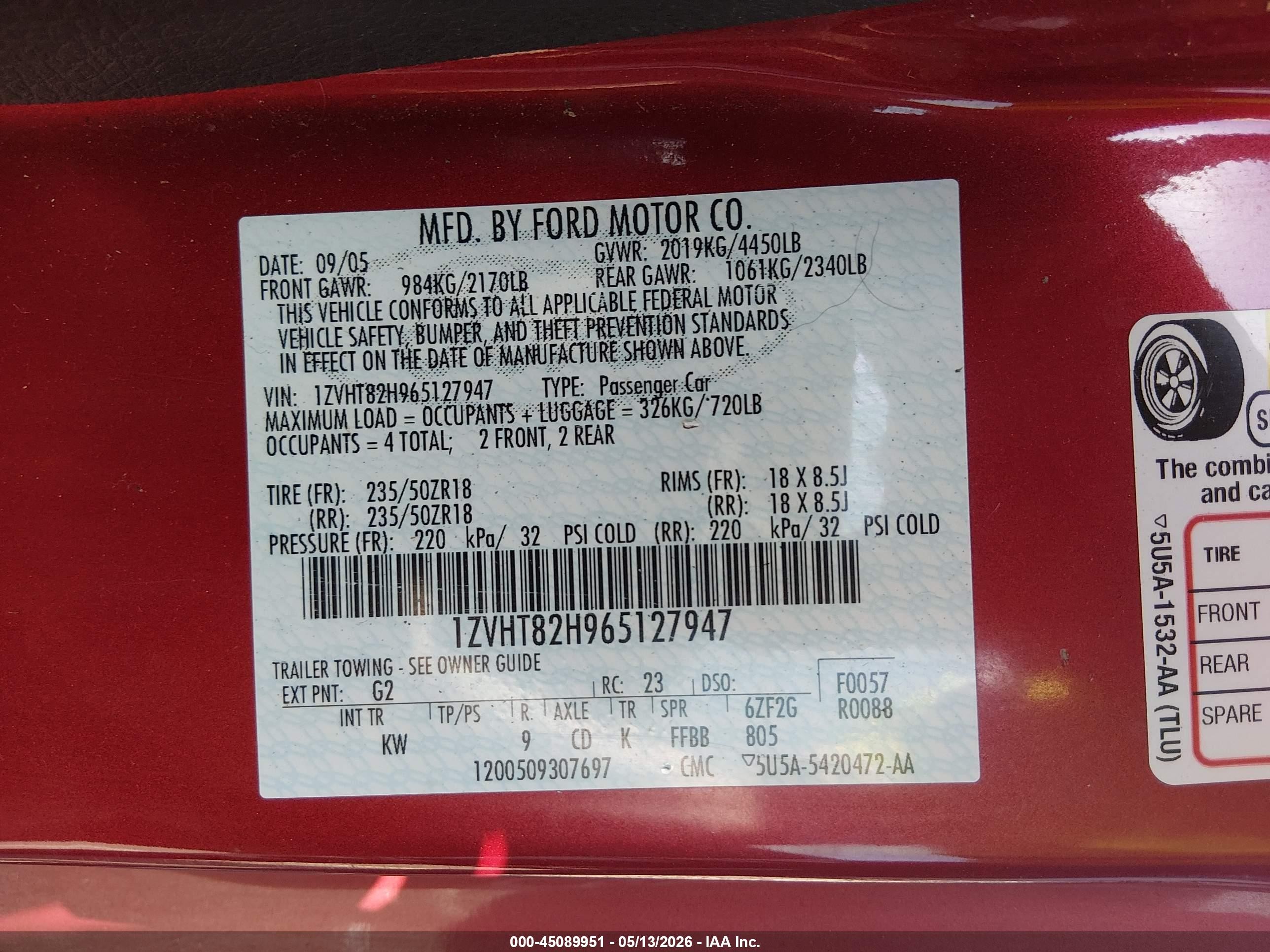 2006 Ford Mustang Gt Red vin: 1ZVHT82H965127947