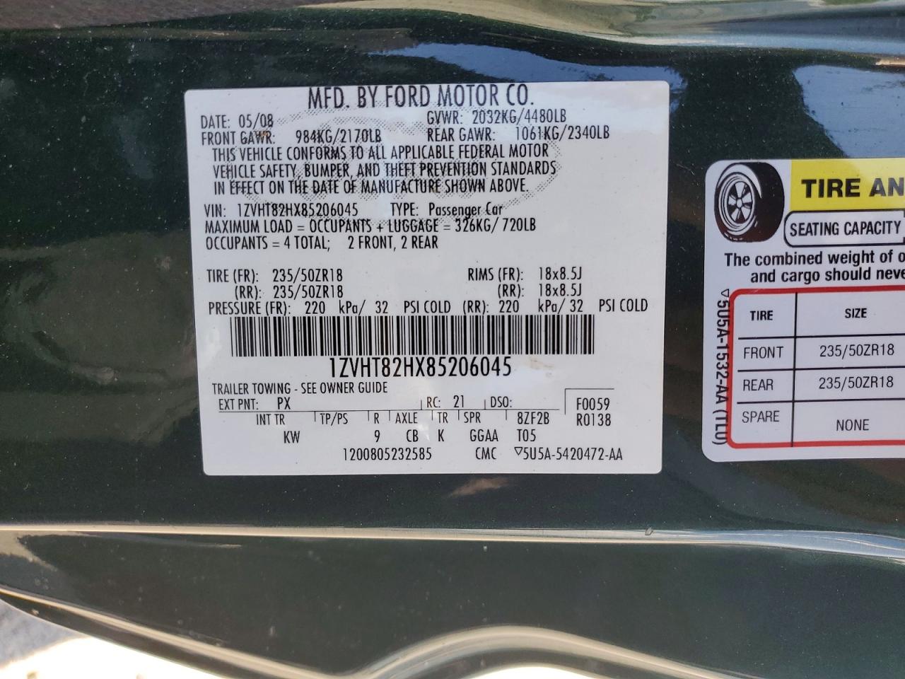 2008 Ford Mustang Gt Green vin: 1ZVHT82HX85206045