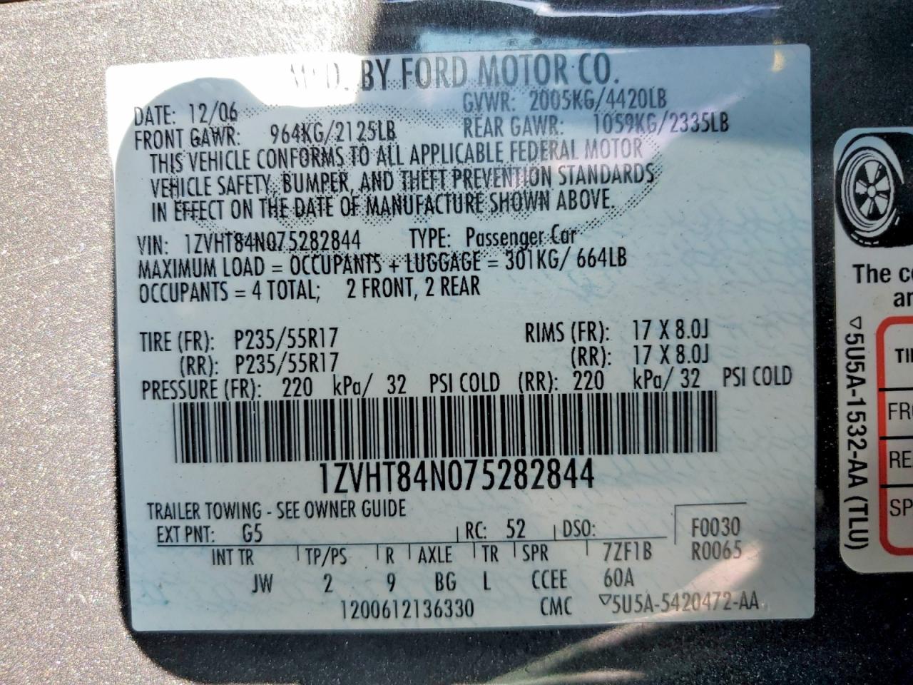 2007 Ford Mustang Charcoal vin: 1ZVHT84N075282844