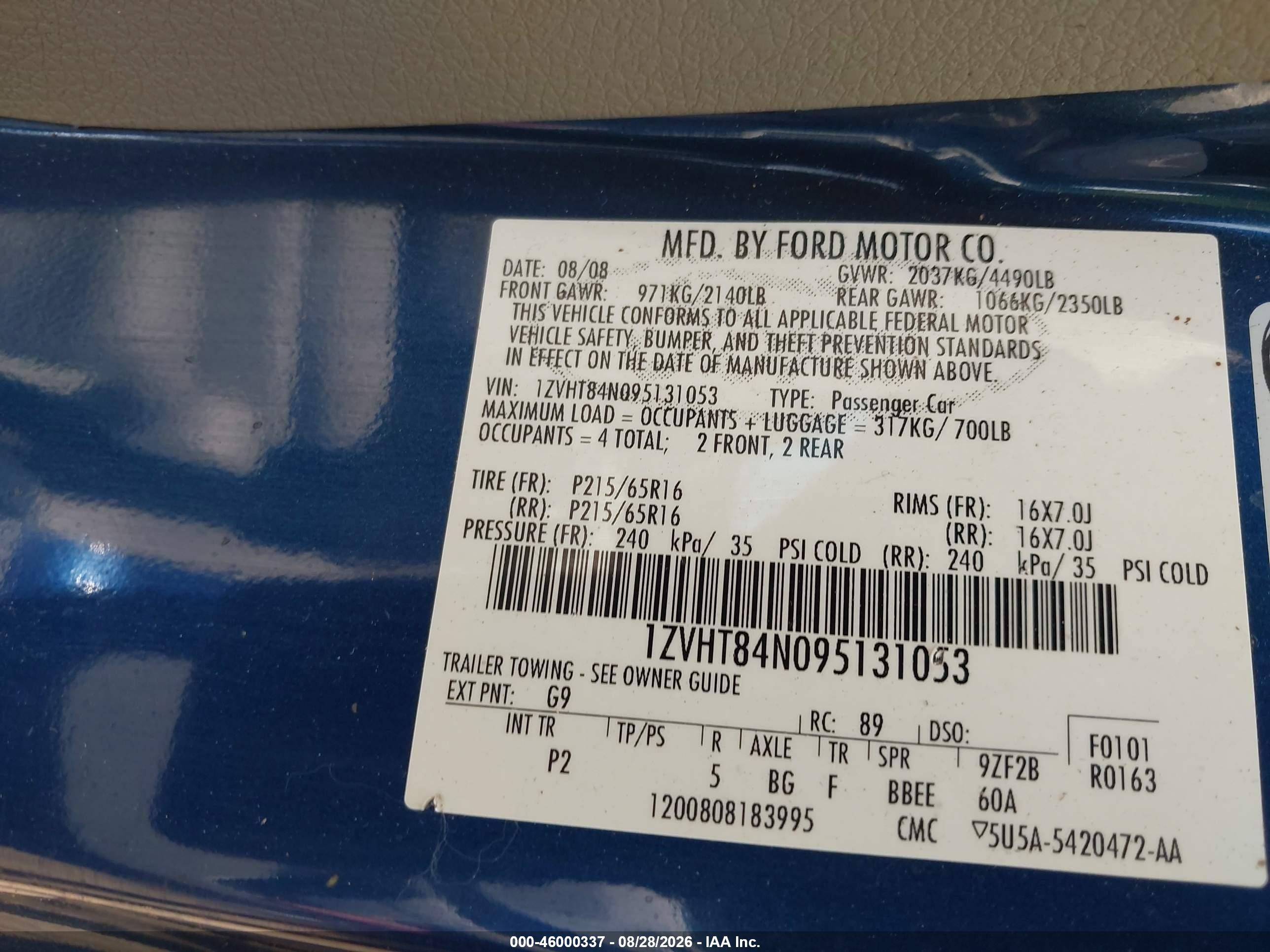 2009 Ford Mustang V6 Blue vin: 1ZVHT84N095131053