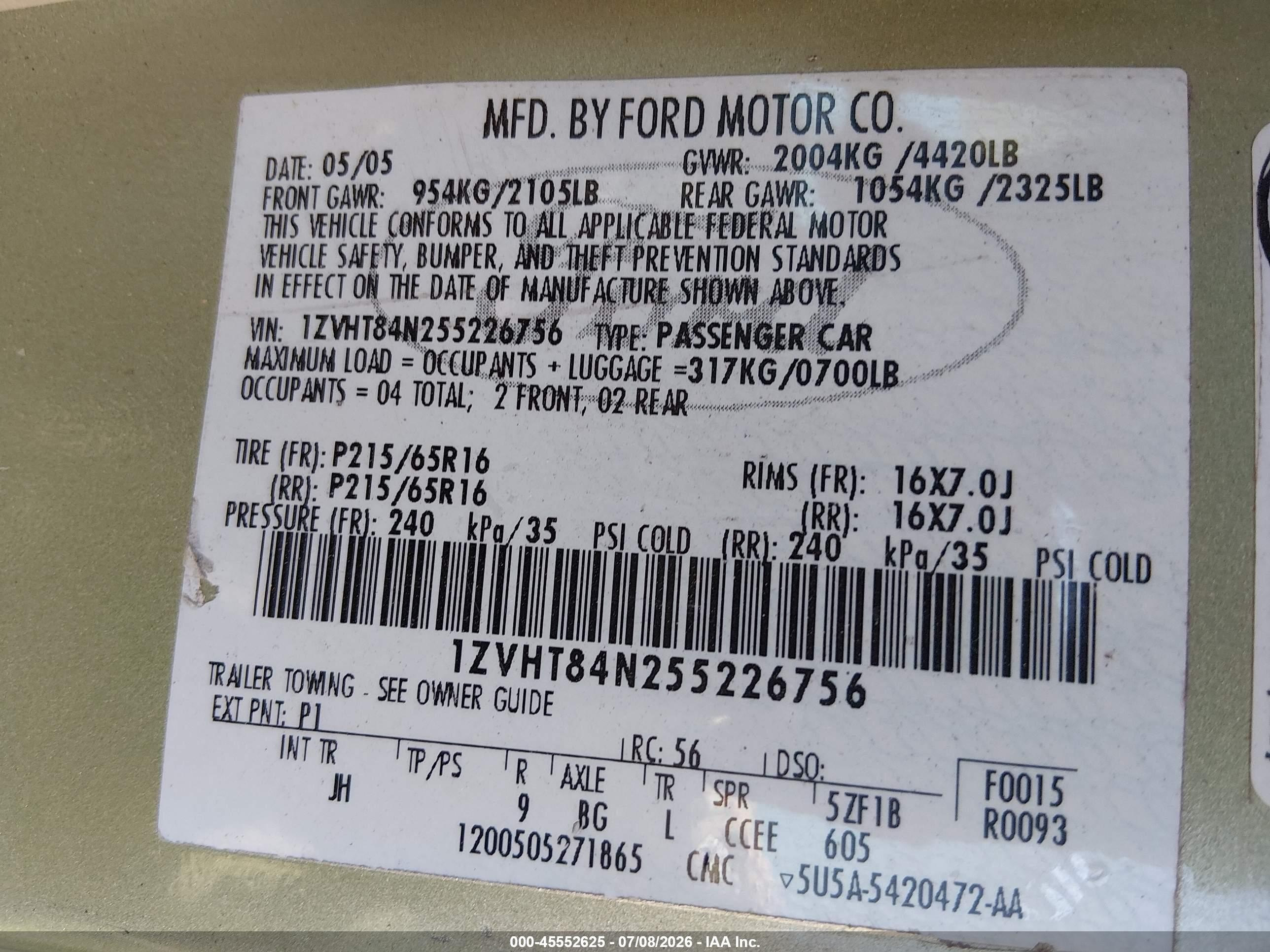 2005 Ford Mustang   Green vin: 1ZVHT84N255226756