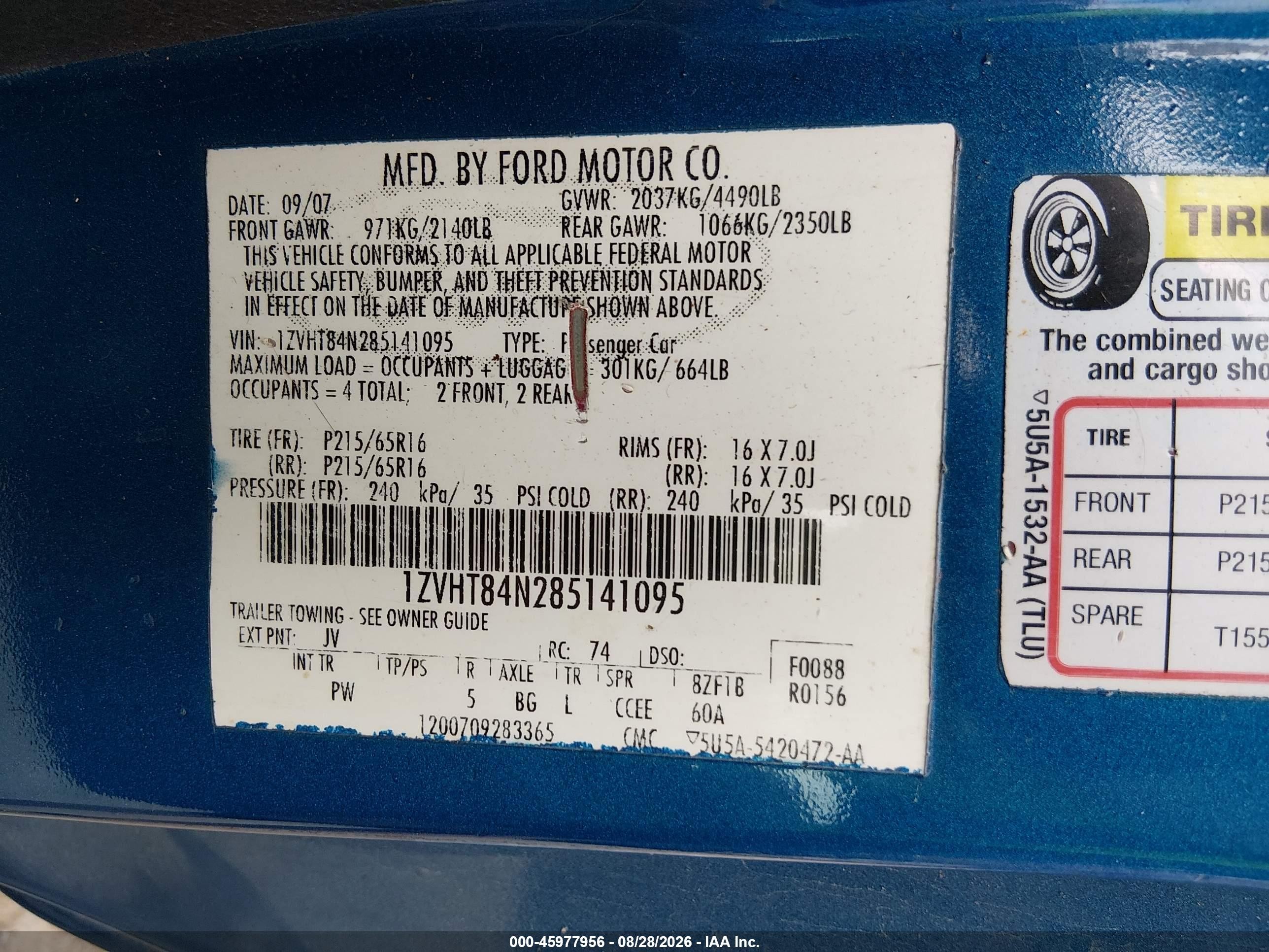 2008 Ford Mustang V6 Deluxe/v6 Premium Blue vin: 1ZVHT84N285141095