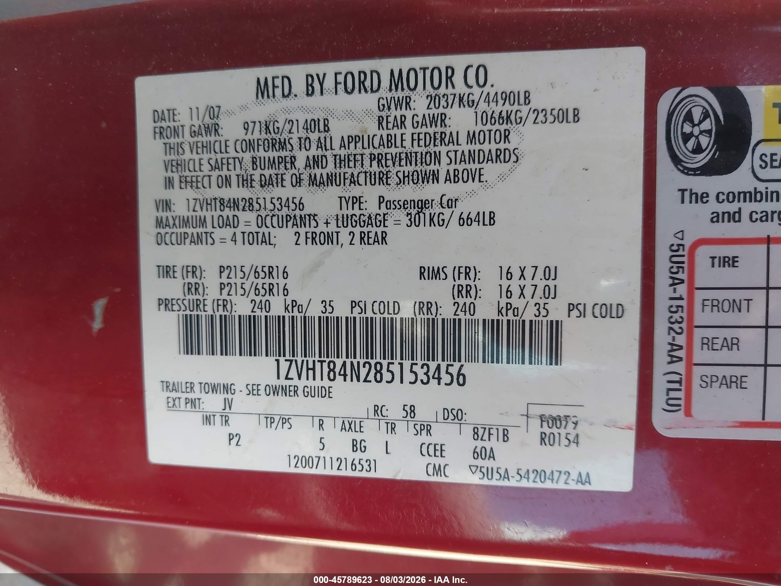 2008 Ford Mustang V6 Deluxe/v6 Premium Red vin: 1ZVHT84N285153456