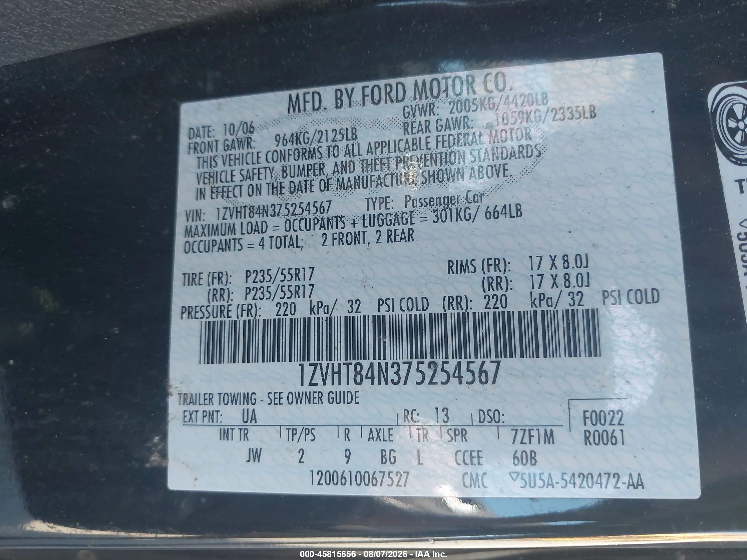 2007 Ford Mustang   Black vin: 1ZVHT84N375254567