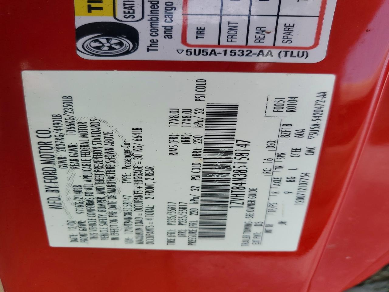 2008 Ford Mustang Red vin: 1ZVHT84N385158147