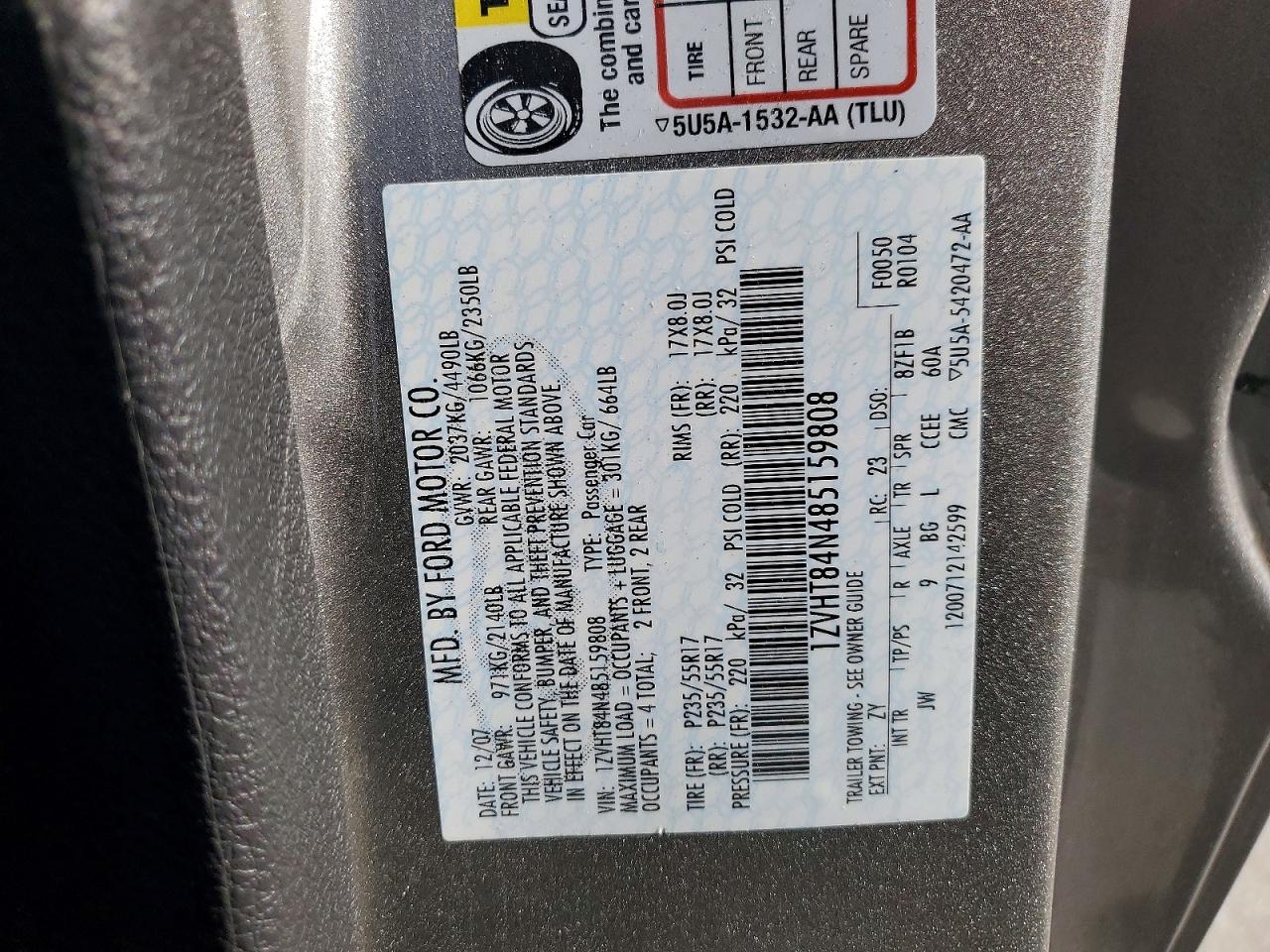 2008 Ford Mustang Silver vin: 1ZVHT84N485159808