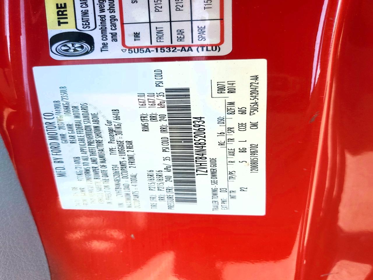 2008 Ford Mustang Red vin: 1ZVHT84N485206934