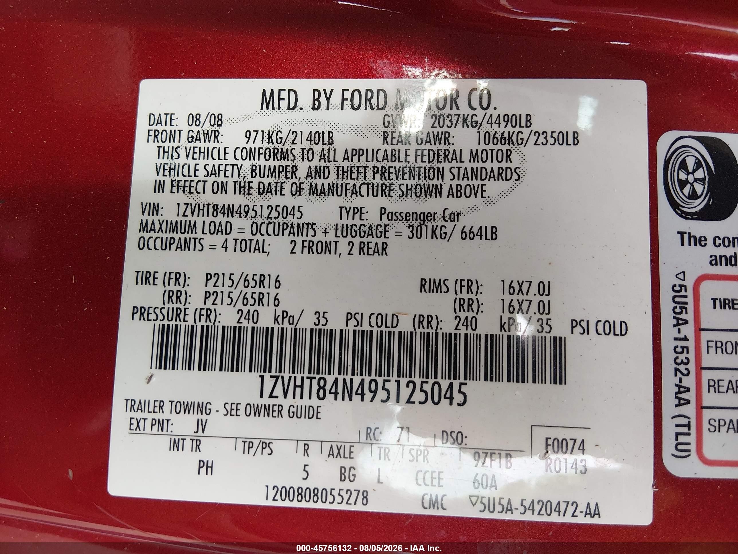 2009 Ford Mustang V6/v6 Premium Red vin: 1ZVHT84N495125045