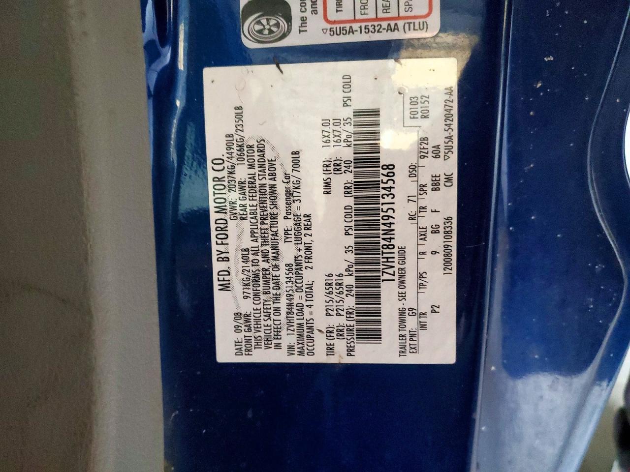 2009 Ford Mustang Blue vin: 1ZVHT84N495134568