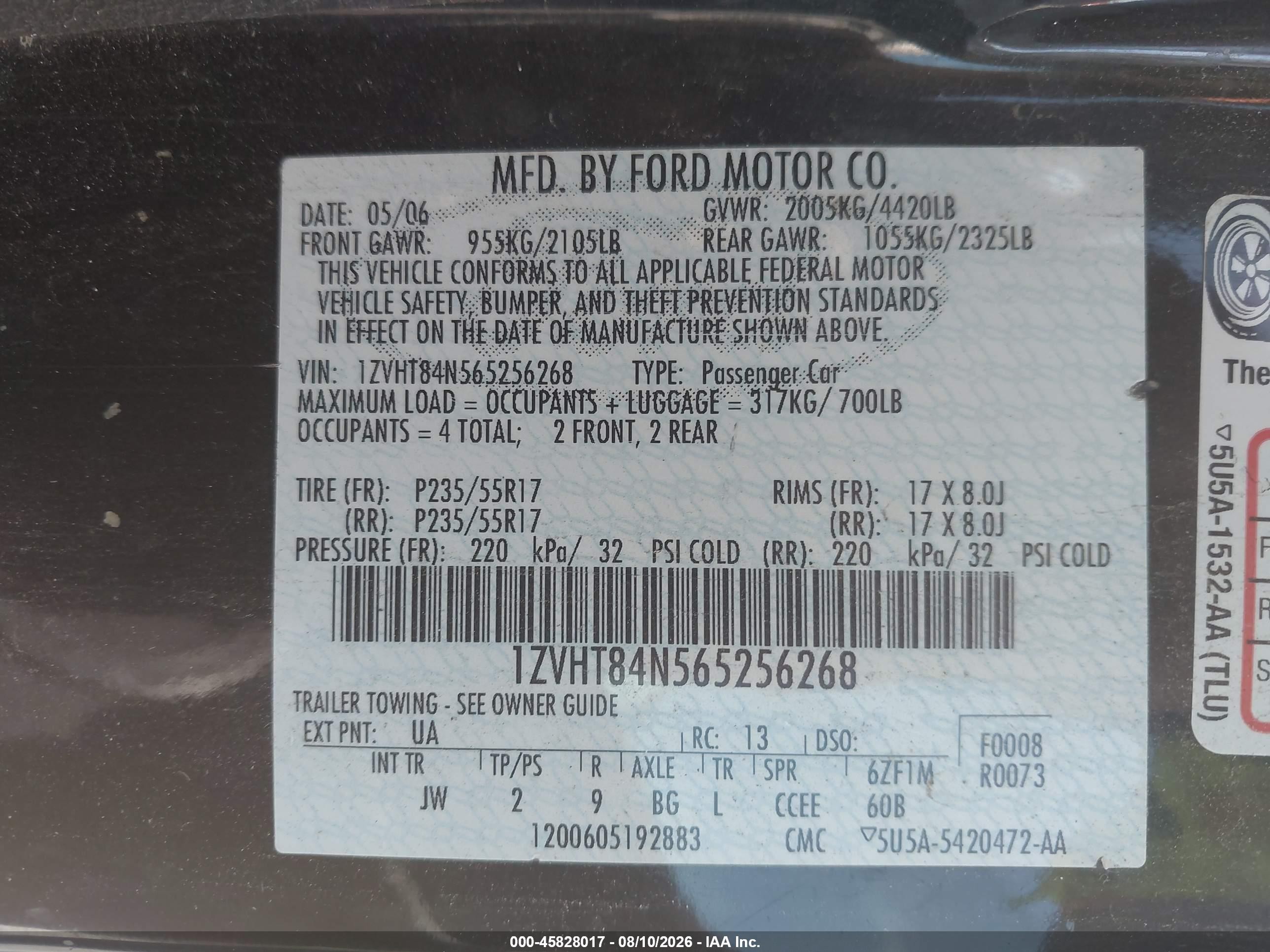 2006 Ford Mustang V6 Black vin: 1ZVHT84N565256268