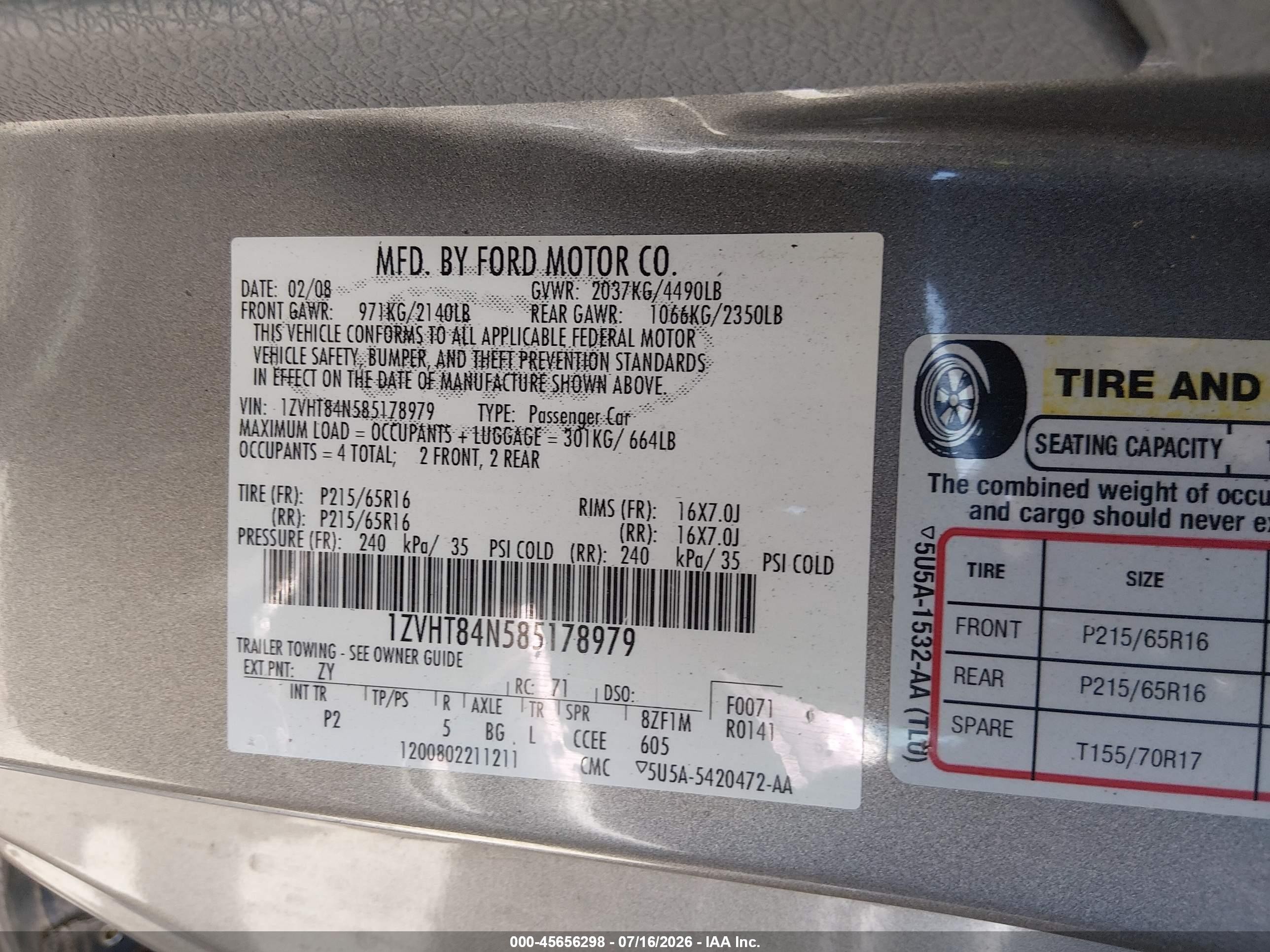 2008 Ford Mustang V6 Deluxe/v6 Premium Silver vin: 1ZVHT84N585178979