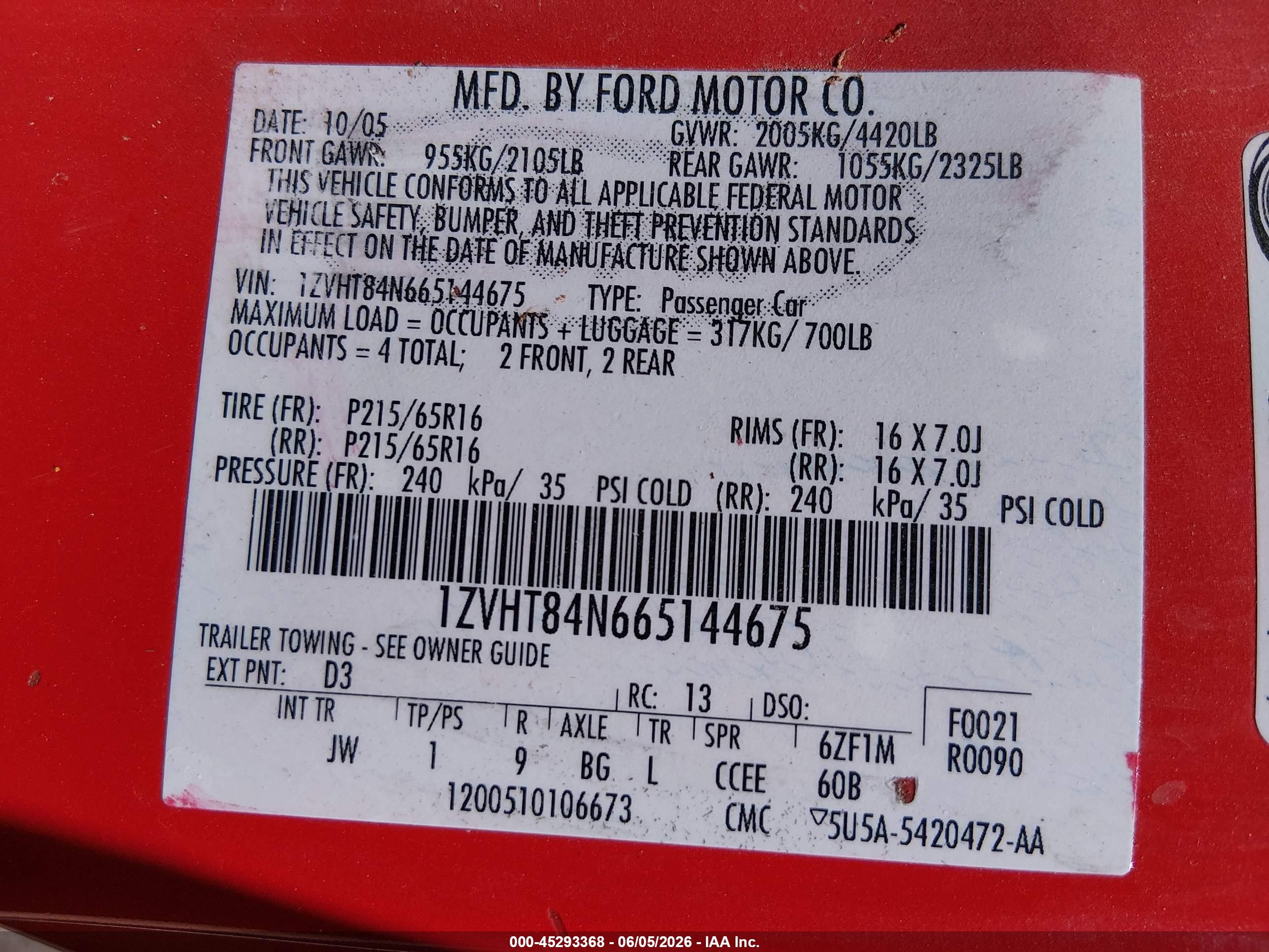2006 Ford Mustang V6 Red vin: 1ZVHT84N665144675