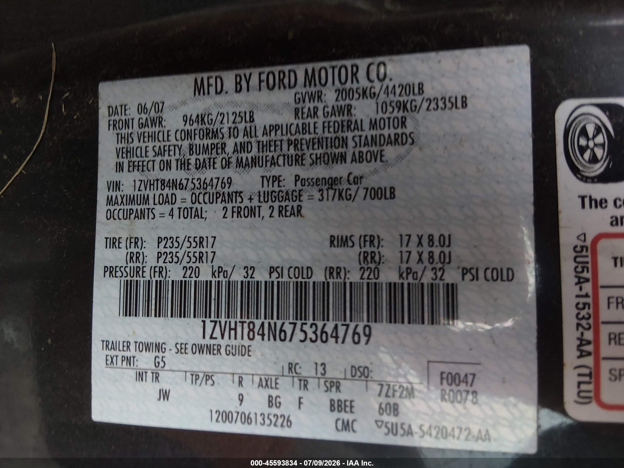 2007 Ford Mustang V6 Deluxe/v6 Premium Gray vin: 1ZVHT84N675364769