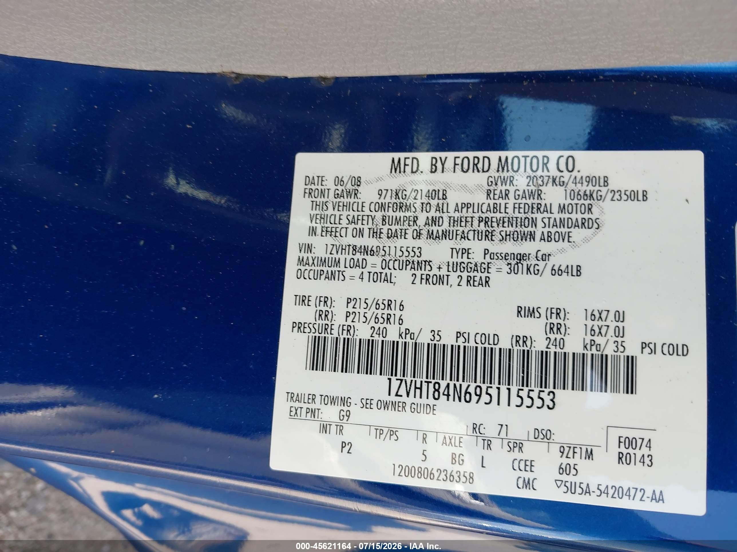 2009 Ford Mustang V6/v6 Premium Blue vin: 1ZVHT84N695115553