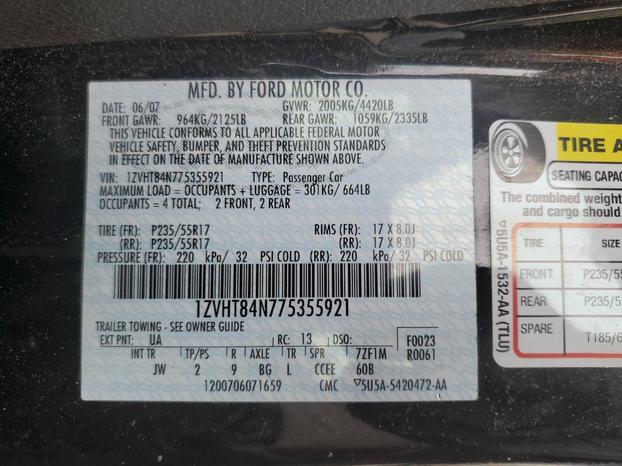 2007 Ford Mustang Black vin: 1ZVHT84N775355921