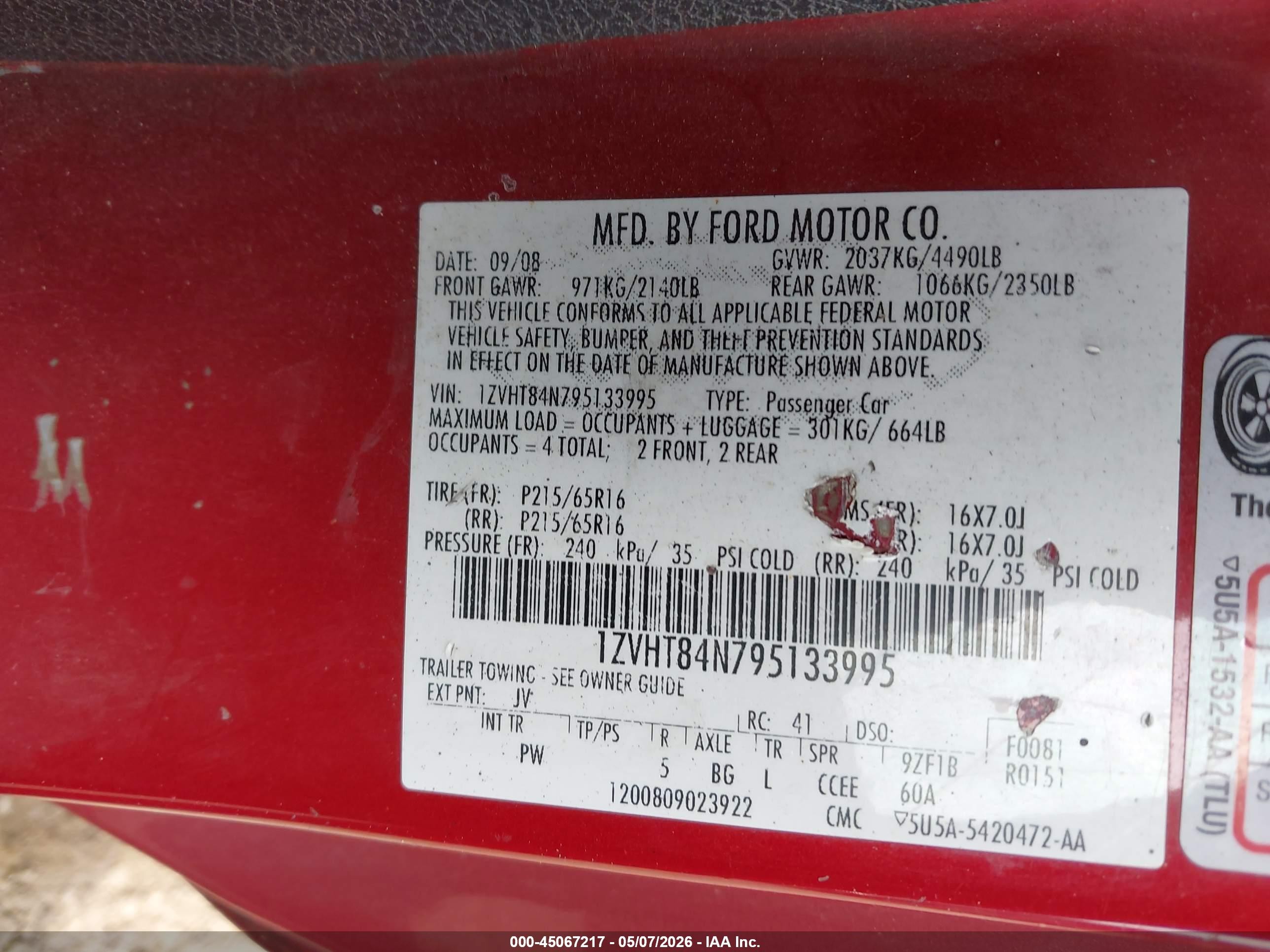 2009 Ford Mustang V6/v6 Premium Red vin: 1ZVHT84N795133995