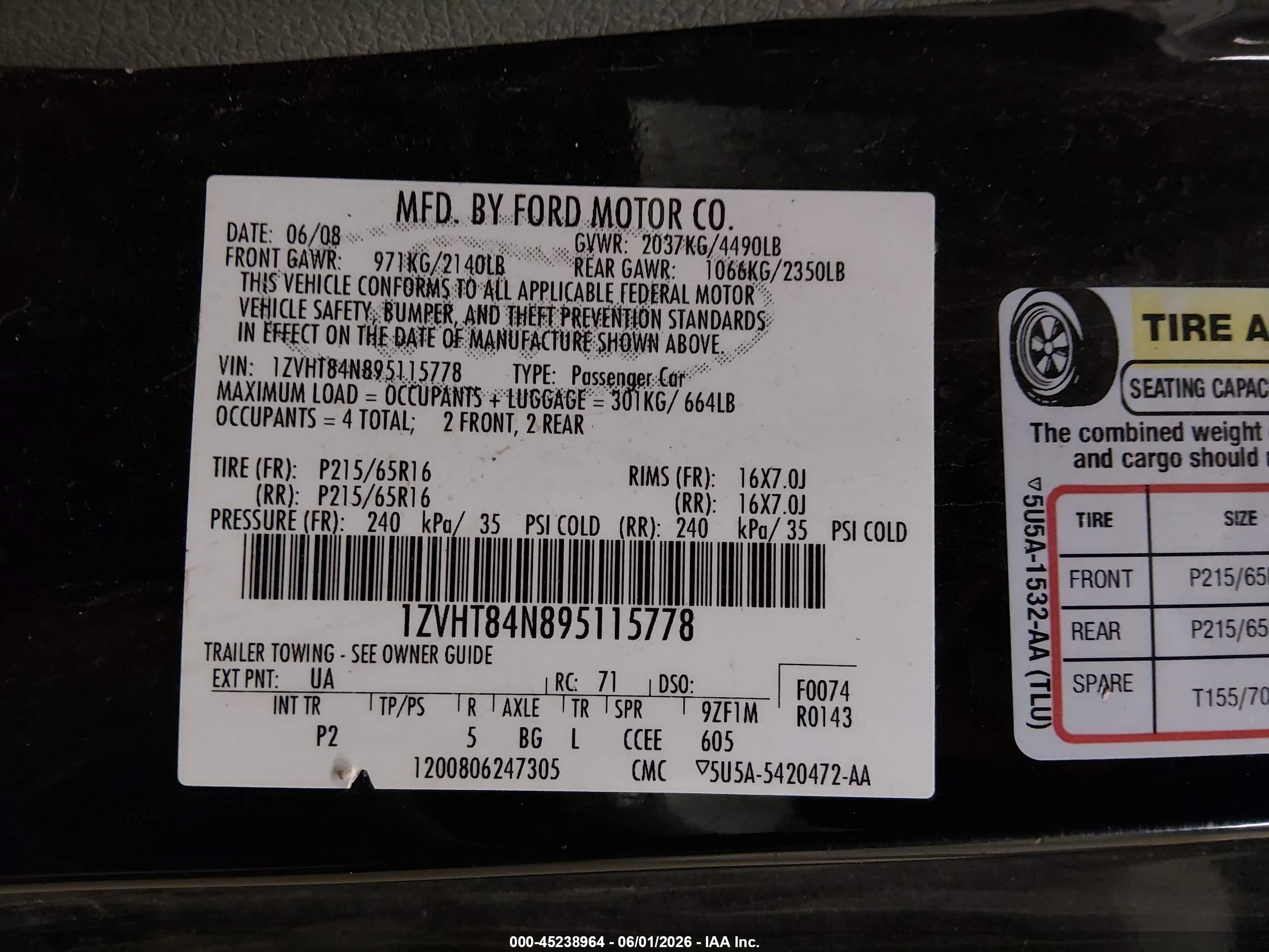 2009 Ford Mustang V6/v6 Premium Black vin: 1ZVHT84N895115778