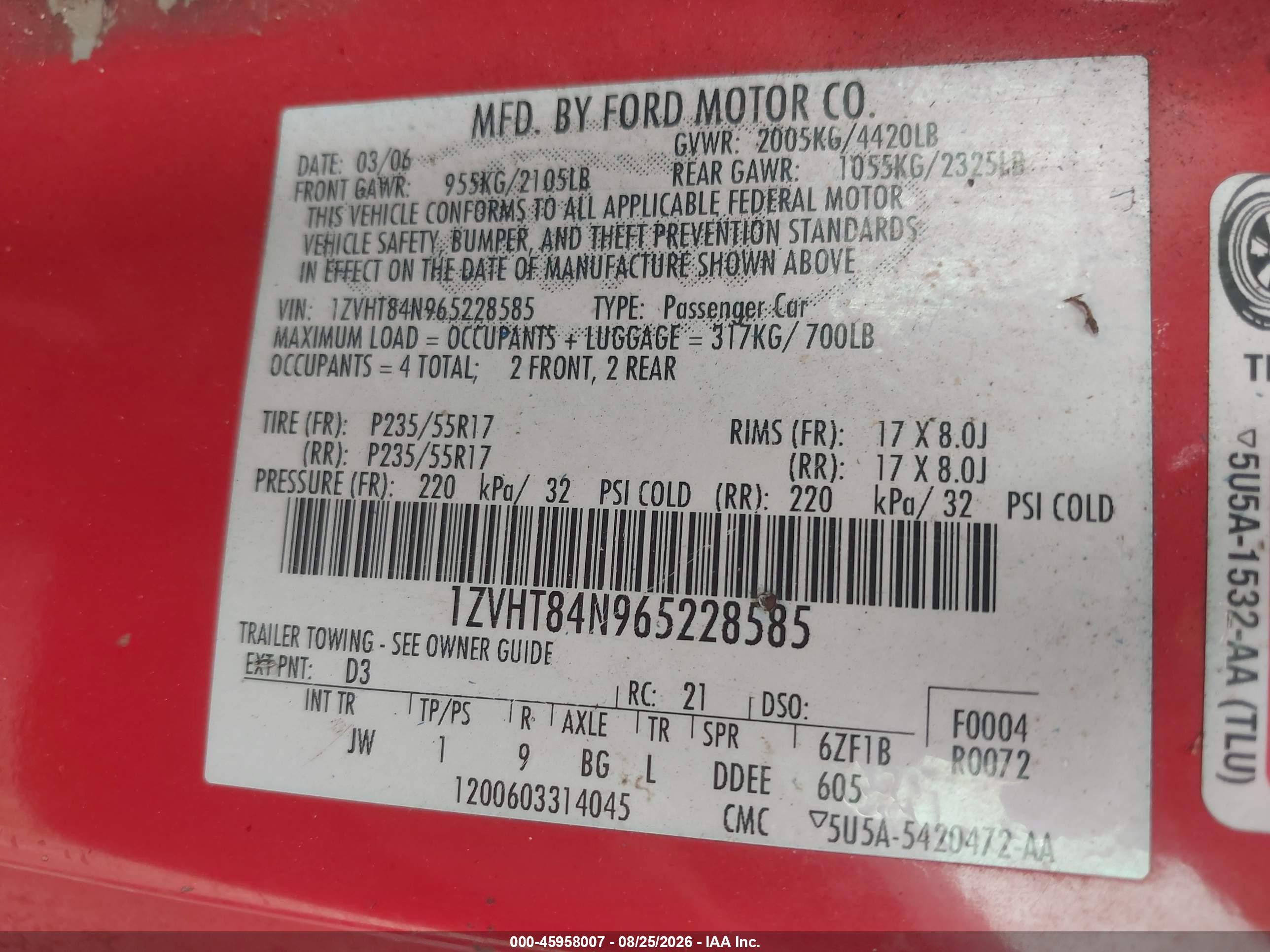 2006 Ford Mustang V6 Красный vin: 1ZVHT84N965228585