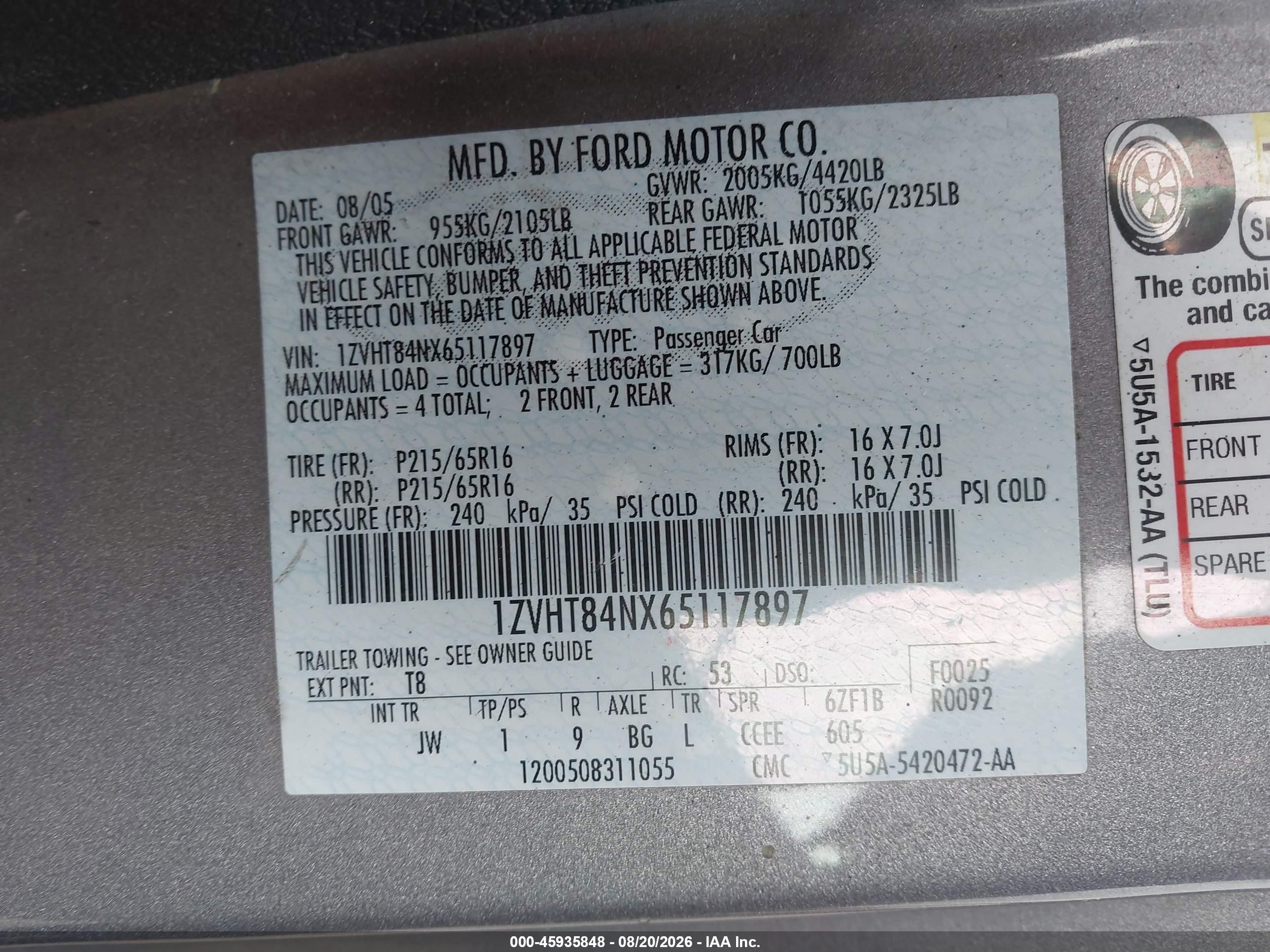 2006 Ford Mustang V6 Серый vin: 1ZVHT84NX65117897