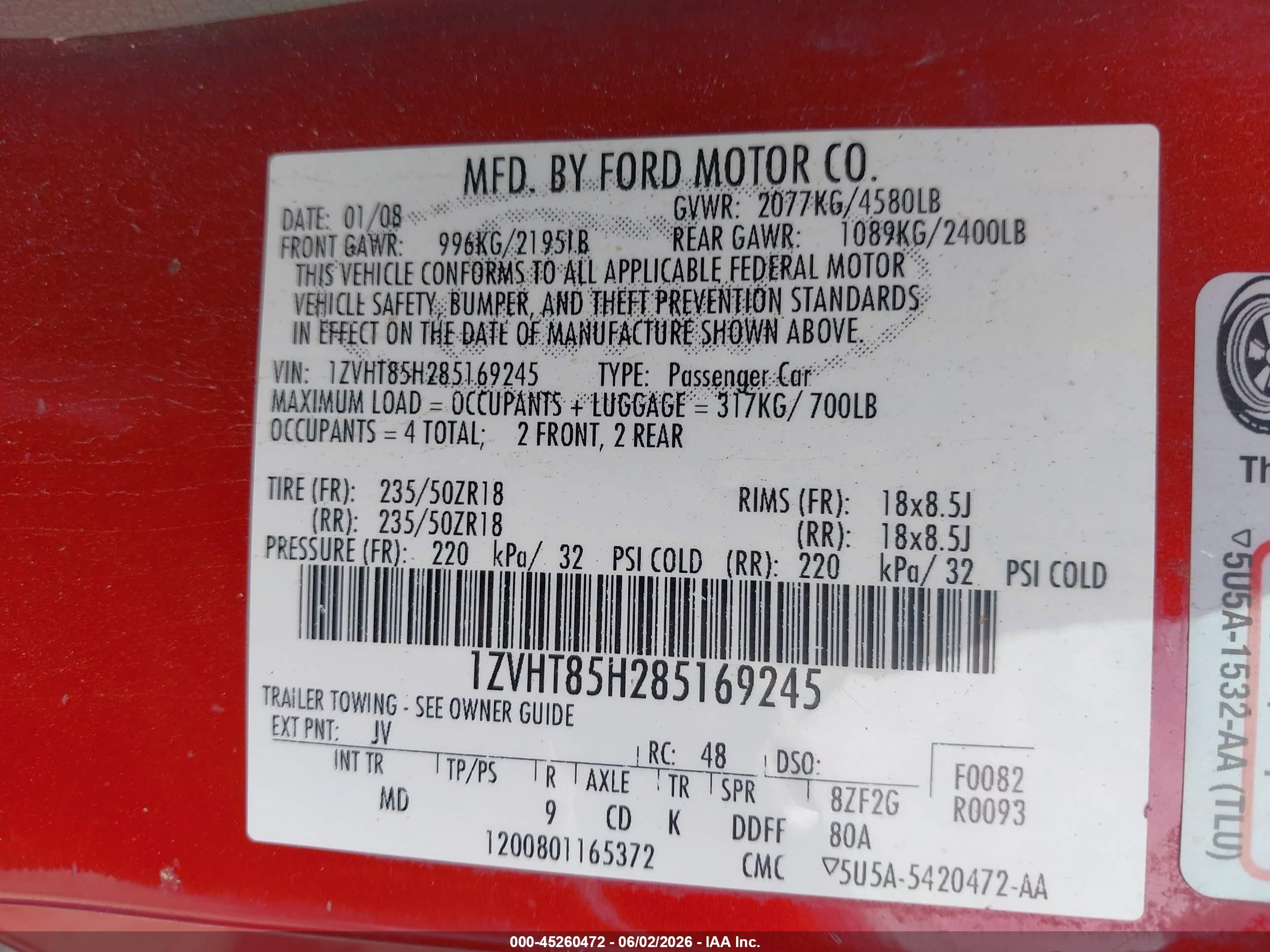 2008 Ford Mustang Gt Deluxe/gt Premium Red vin: 1ZVHT85H285169245
