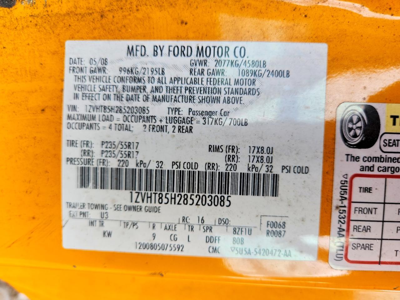 2008 Ford Mustang Gt Orange vin: 1ZVHT85H285203085