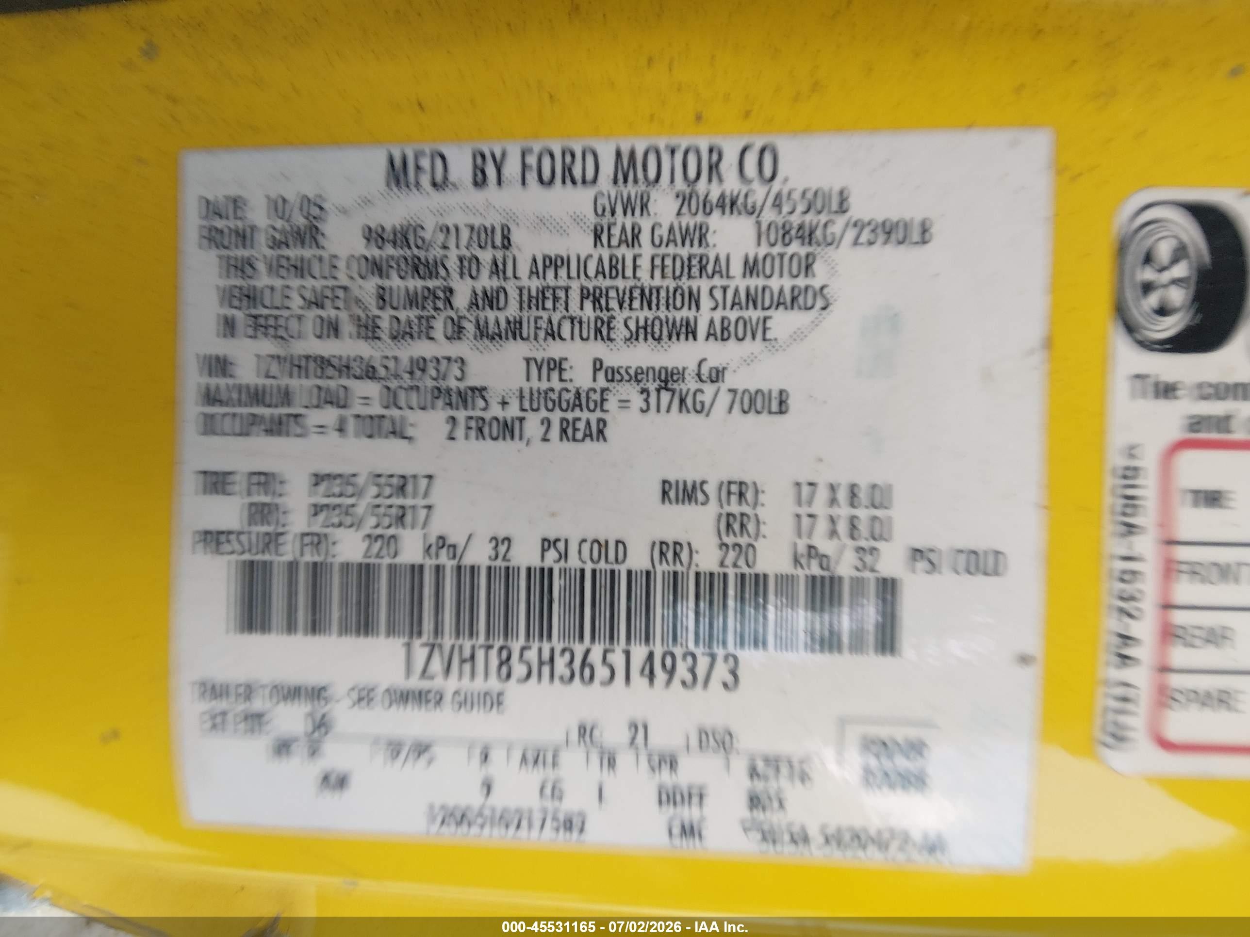2006 Ford Mustang Gt Yellow vin: 1ZVHT85H365149373