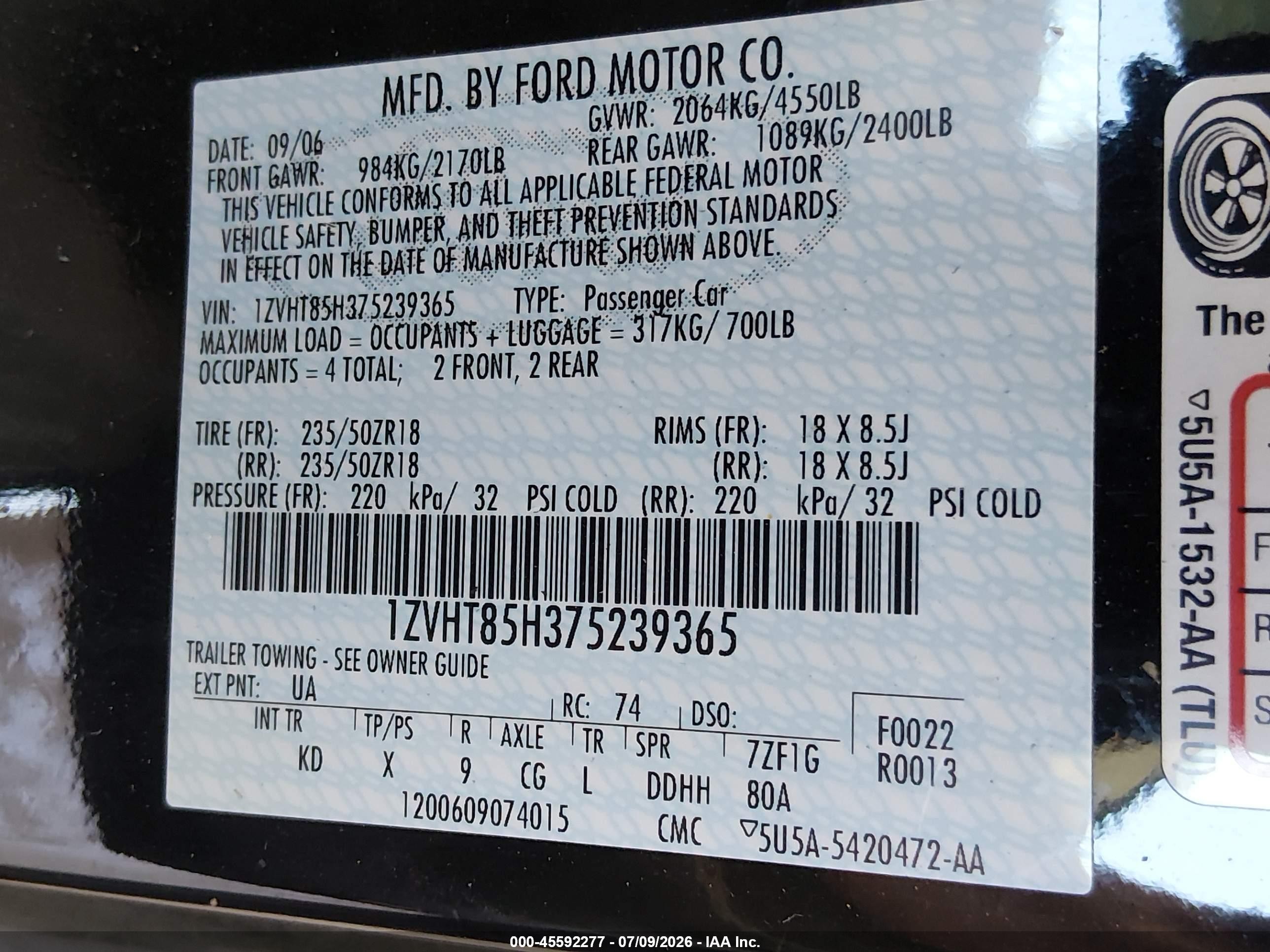 2007 Ford Mustang Gt Deluxe/gt Premium Черный vin: 1ZVHT85H375239365