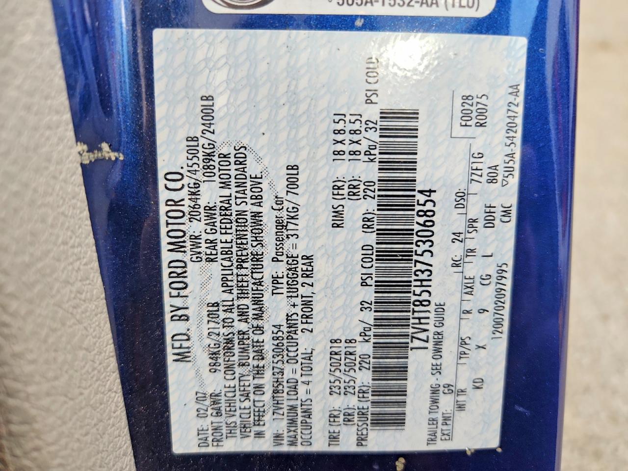 2007 Ford Mustang Gt Blue vin: 1ZVHT85H375306854