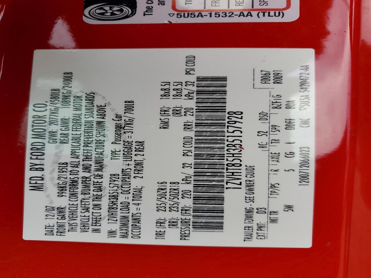 2008 Ford Mustang Gt Red vin: 1ZVHT85H385157928