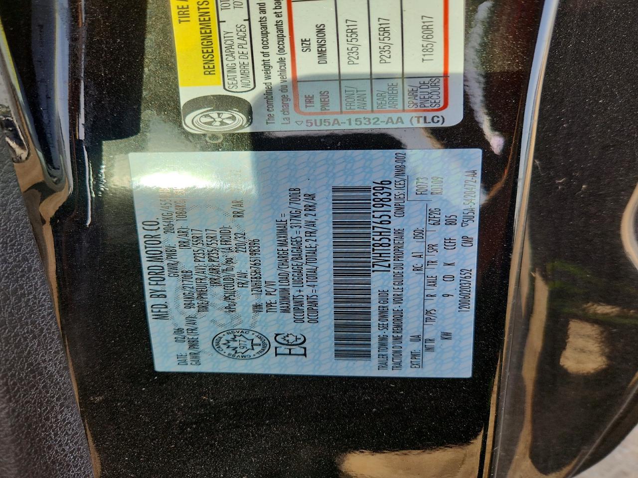 2006 Ford Mustang Gt Black vin: 1ZVHT85H765198396