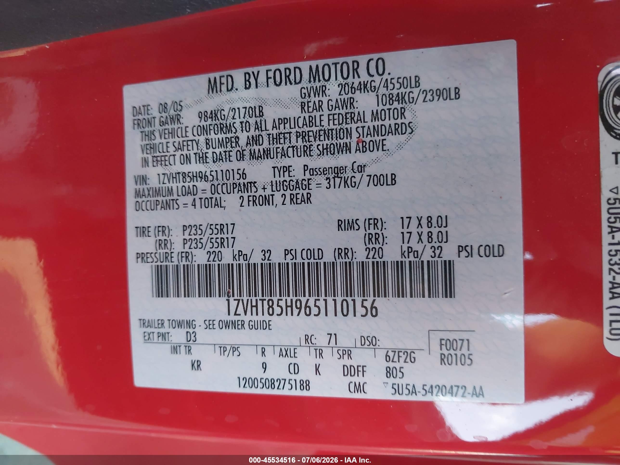 2006 Ford Mustang Gt Red vin: 1ZVHT85H965110156