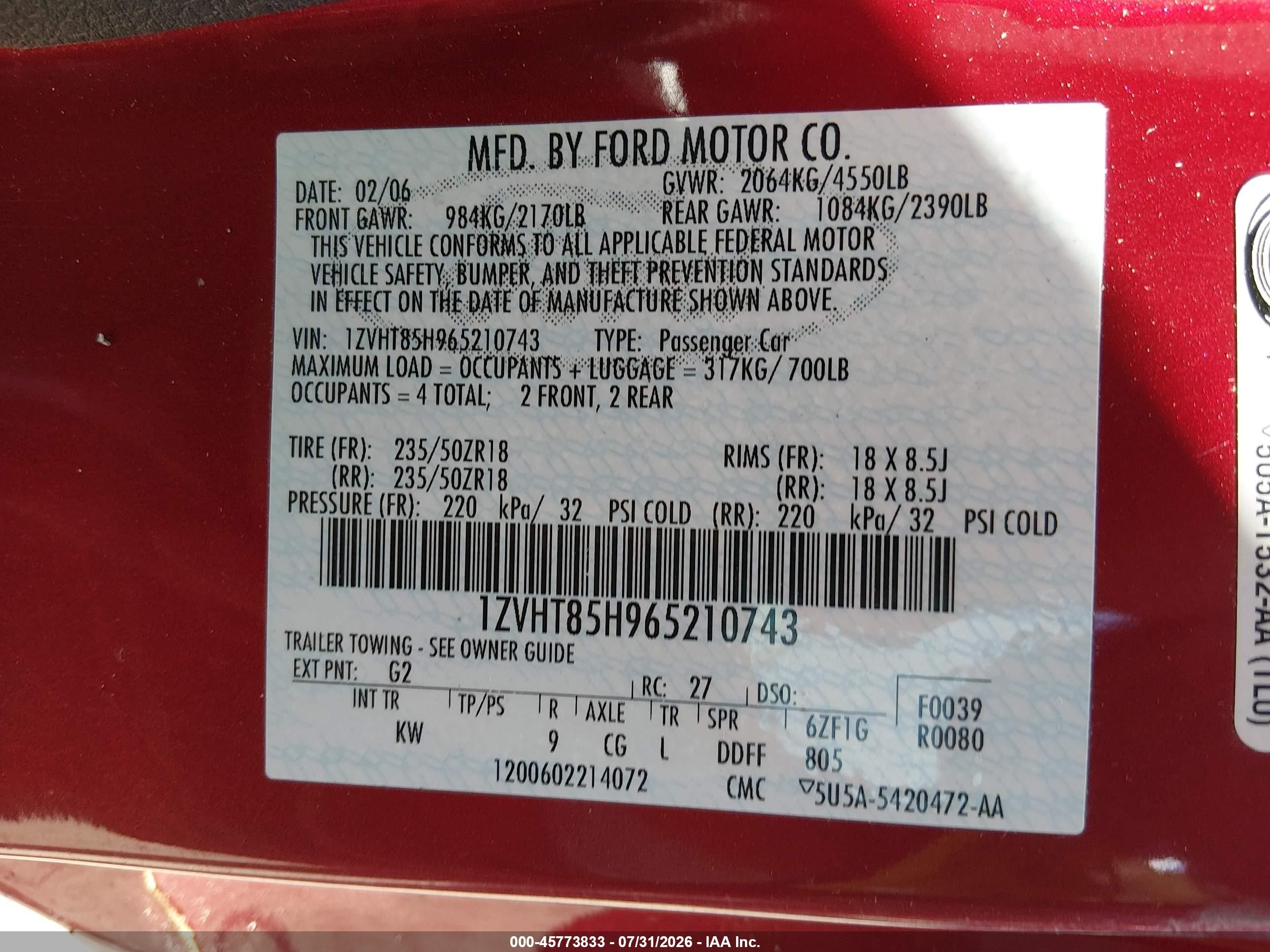 2006 Ford Mustang Gt Red vin: 1ZVHT85H965210743