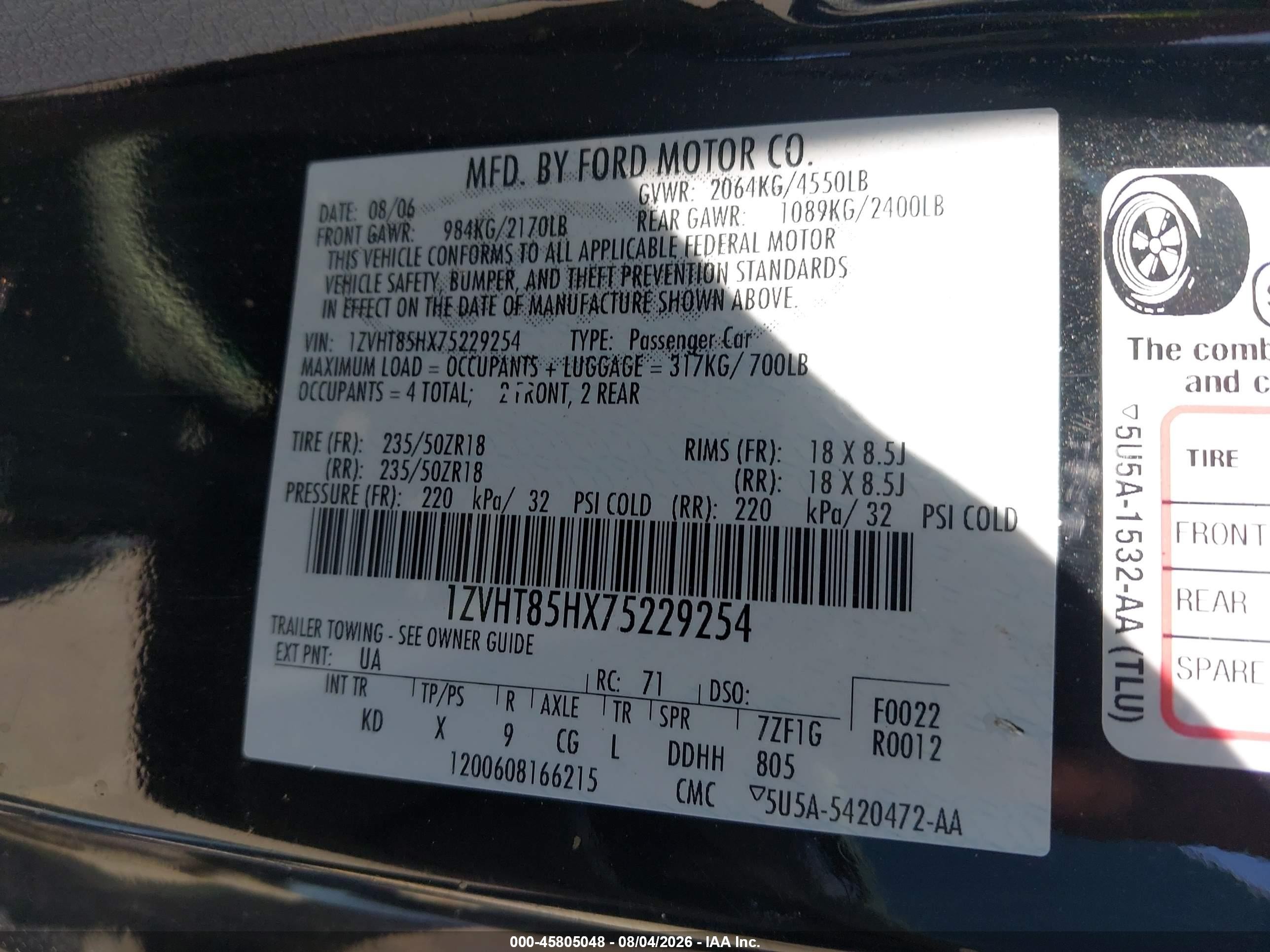 2007 Ford Mustang Gt Deluxe/gt Premium Черный vin: 1ZVHT85HX75229254
