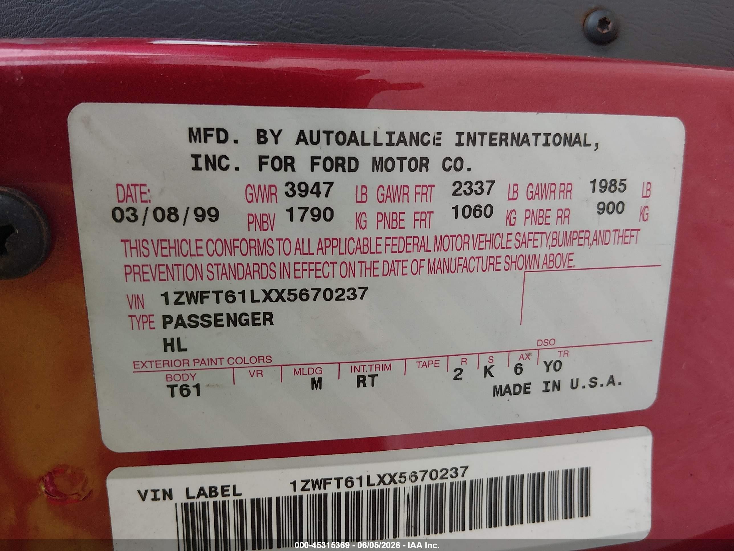1999 Mercury Cougar V6 Burgundy vin: 1ZWFT61LXX5670237