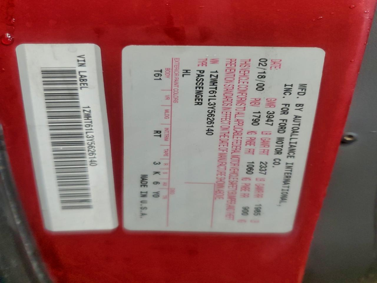 2000 Mercury Cougar V6 Red vin: 1ZWHT61L3Y5626140