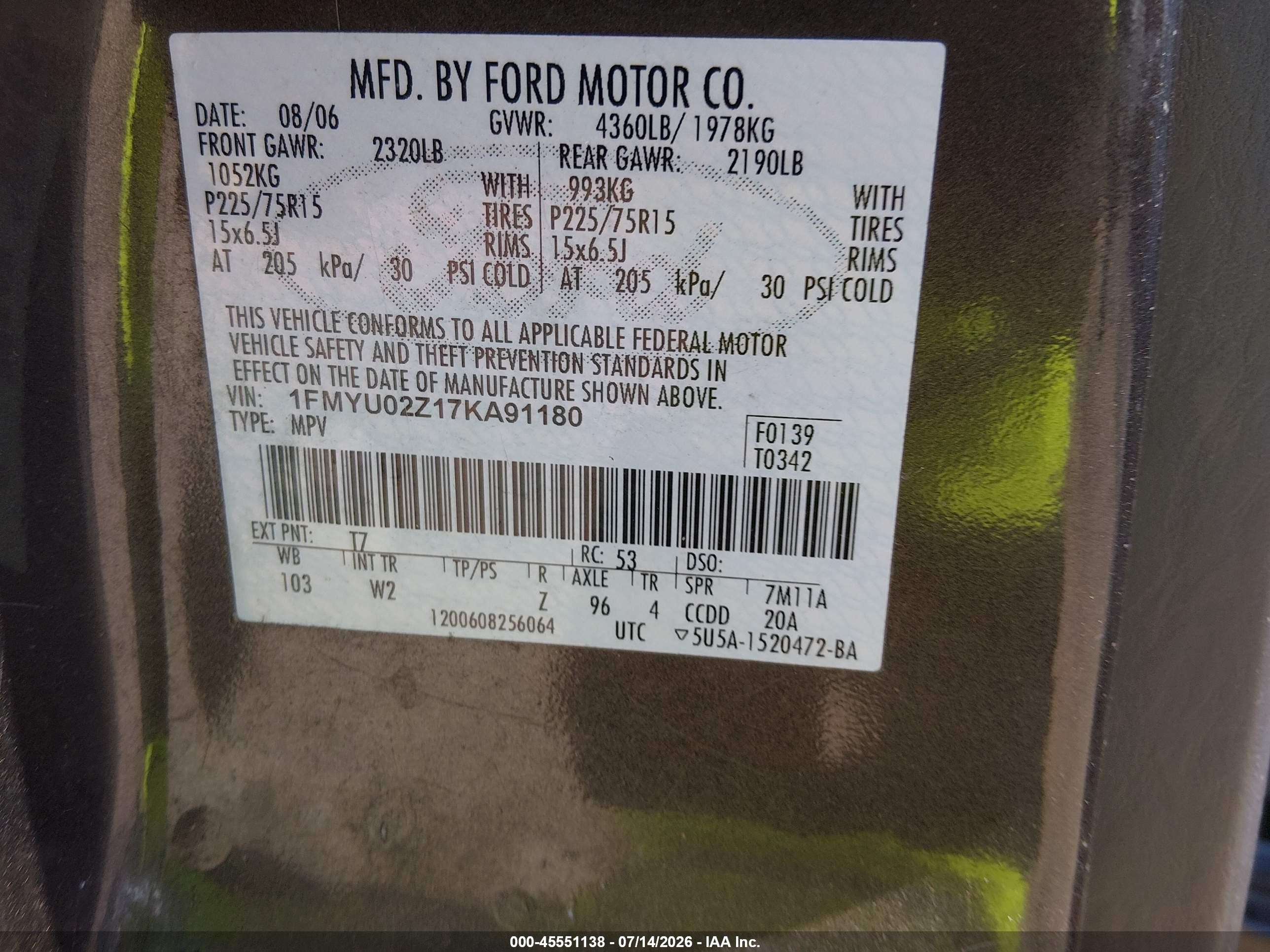 2007 Ford Escape Xls Серый vin: 1fmyu02z176a91180