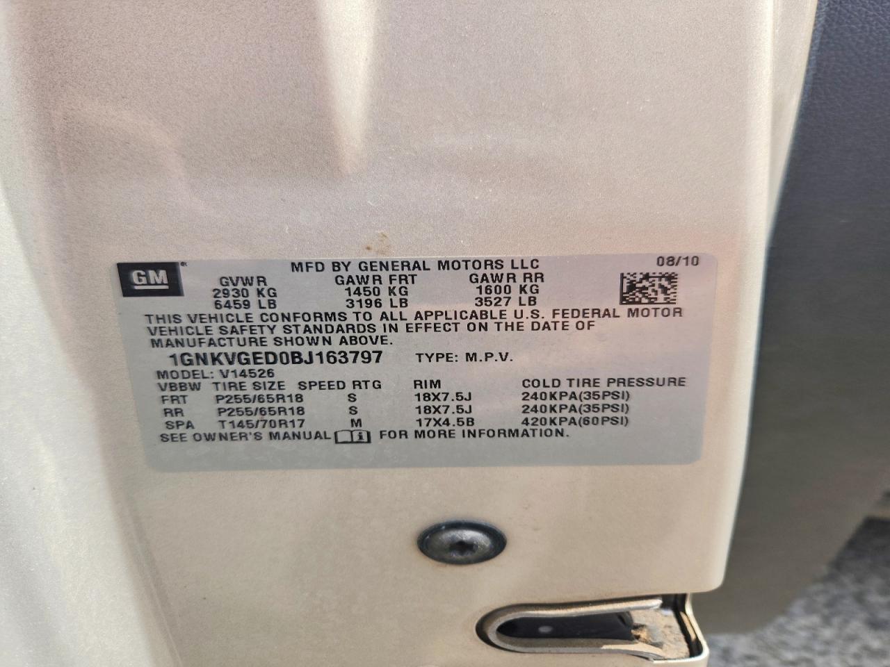 2011 Chevrolet Traverse Lt Бежевый vin: 1GNKVGED0BJ163797