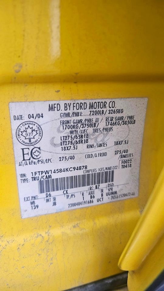 2004 Ford F150 Supercrew Yellow vin: 1FTPW14584KC94878