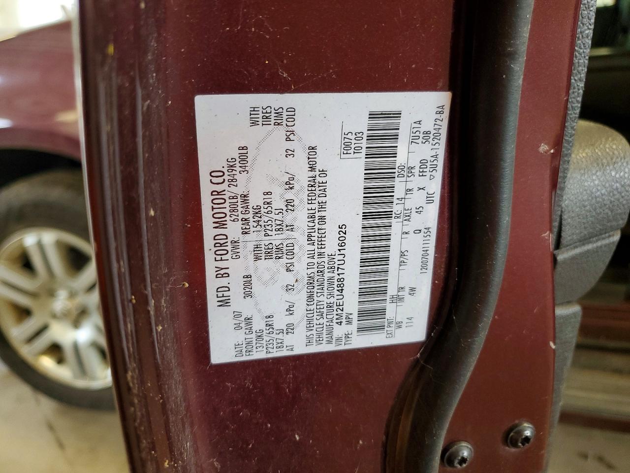 2007 Mercury Mountaineer Premier Maroon vin: 4M2EU48817UJ16025