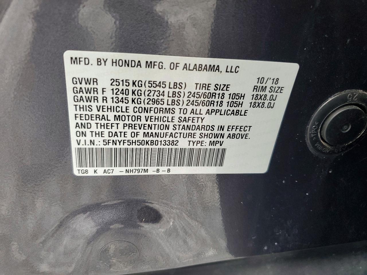 2019 Honda Pilot Exl Gray vin: 5FNYF5H50KB013382