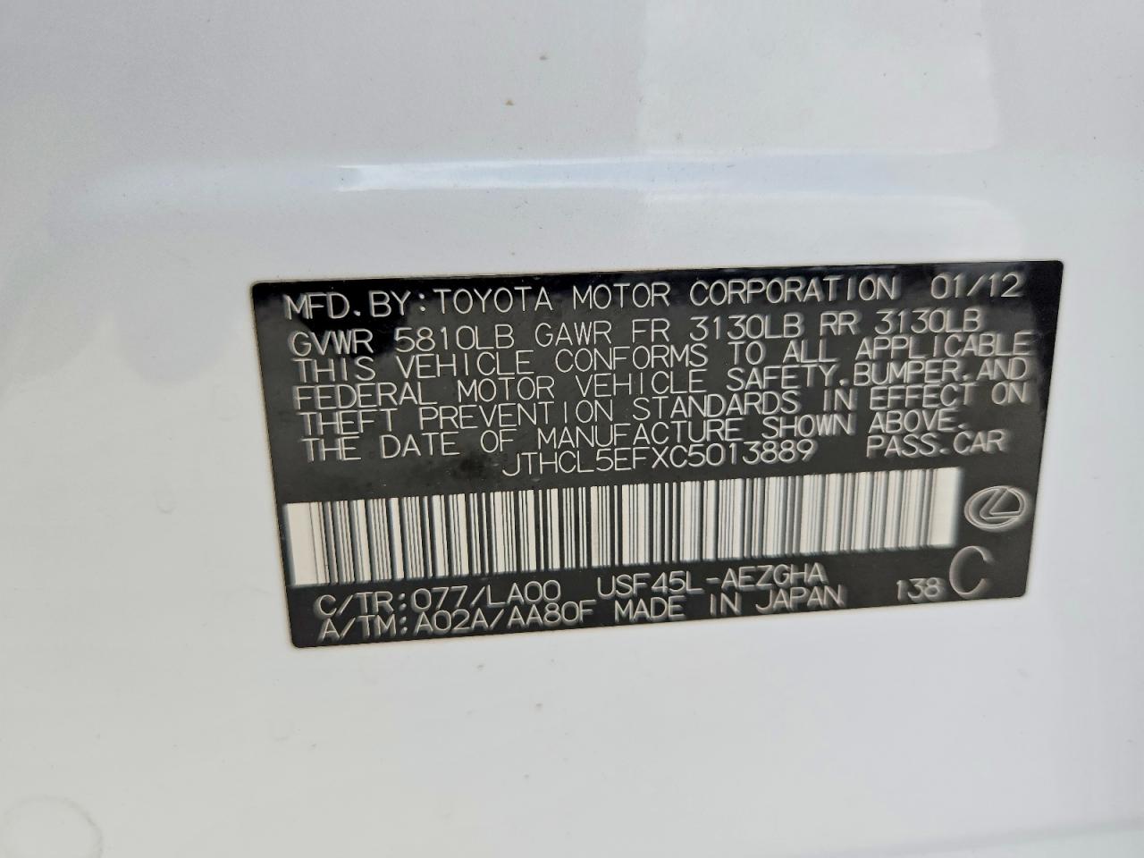 2012 Lexus Ls 460 White vin: JTHCL5EFXC5013889