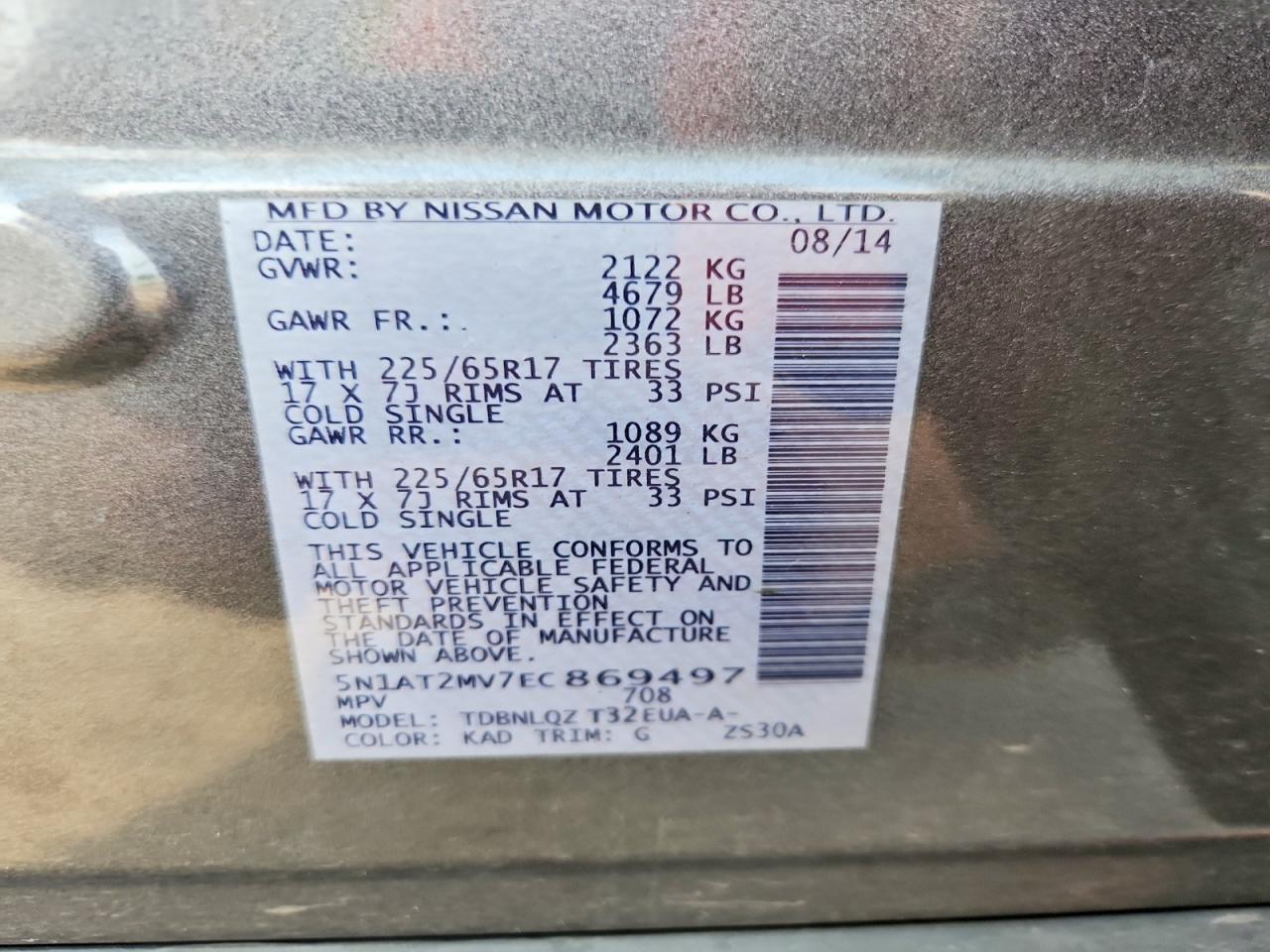 2014 Nissan Rogue Sv Gray vin: 5N1AT2MV7EC869497
