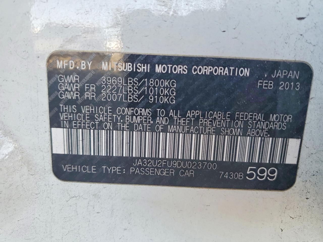 2013 Mitsubishi Lancer Es/es Sport White vin: JA32U2FU9DU023700